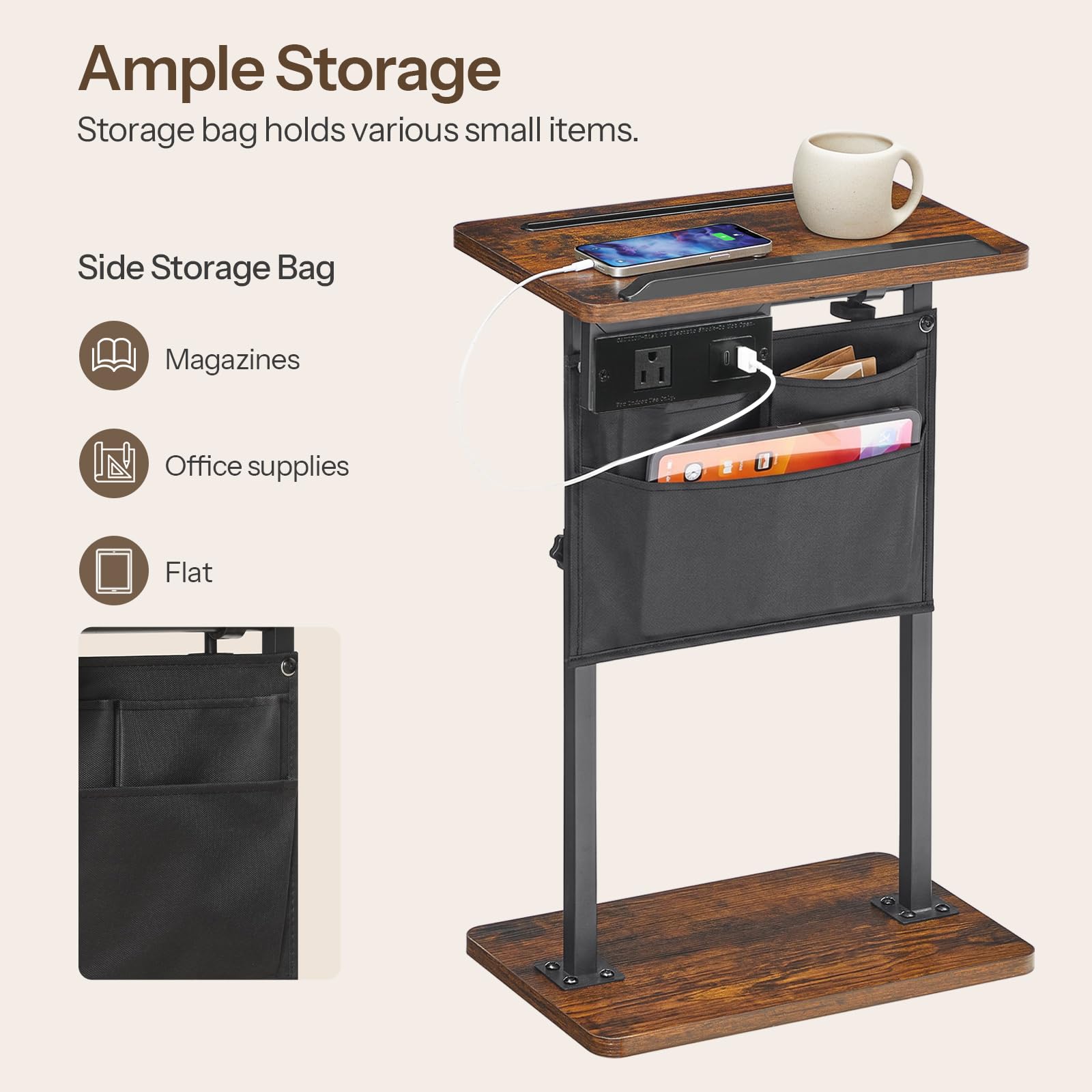 hoobro-side-tables-bout-de-canap-marron-hauteur-r-glable-avec-prise image 7