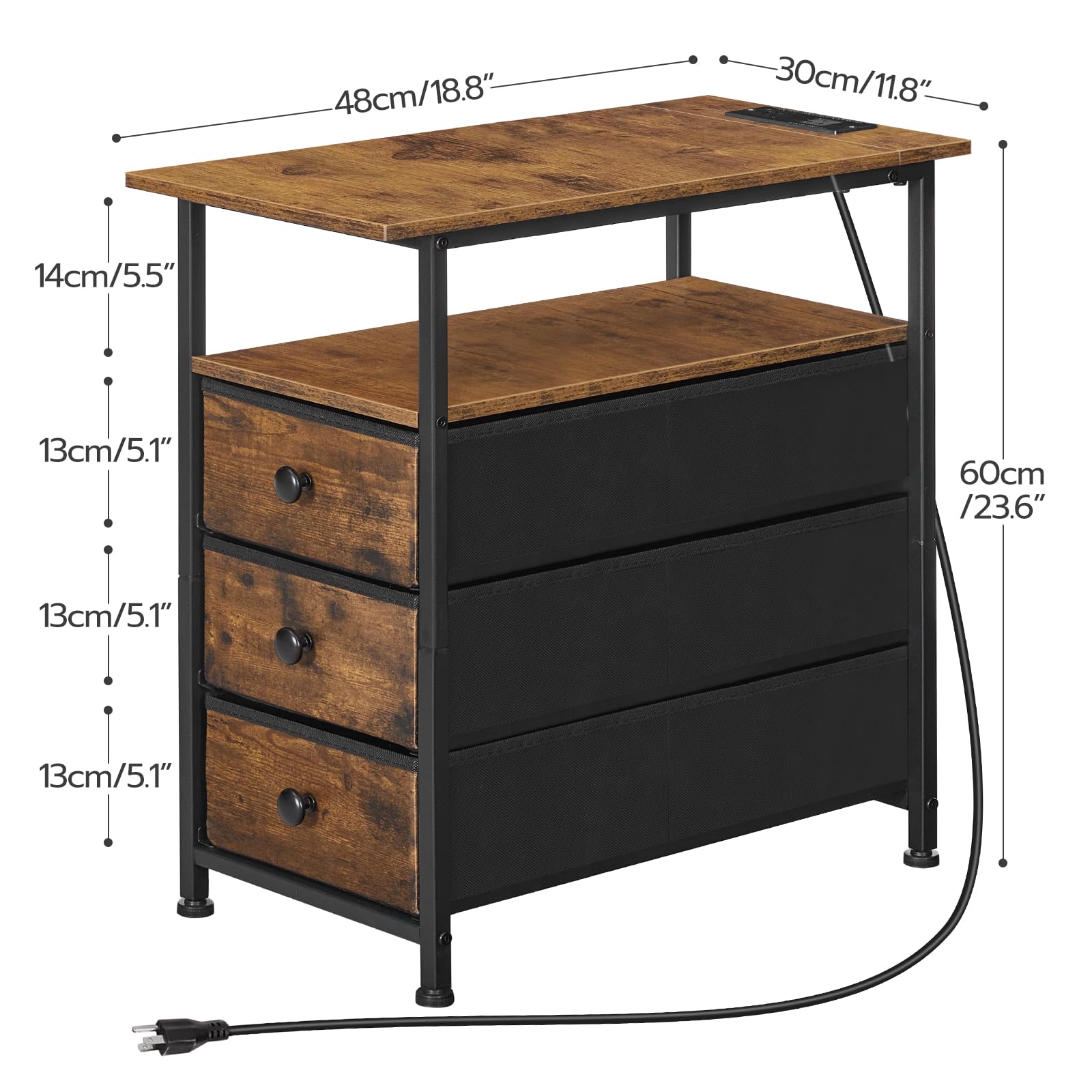 hoobro-side-tables-table-chevet-marron-avec-prise-3-tiroirs image 4