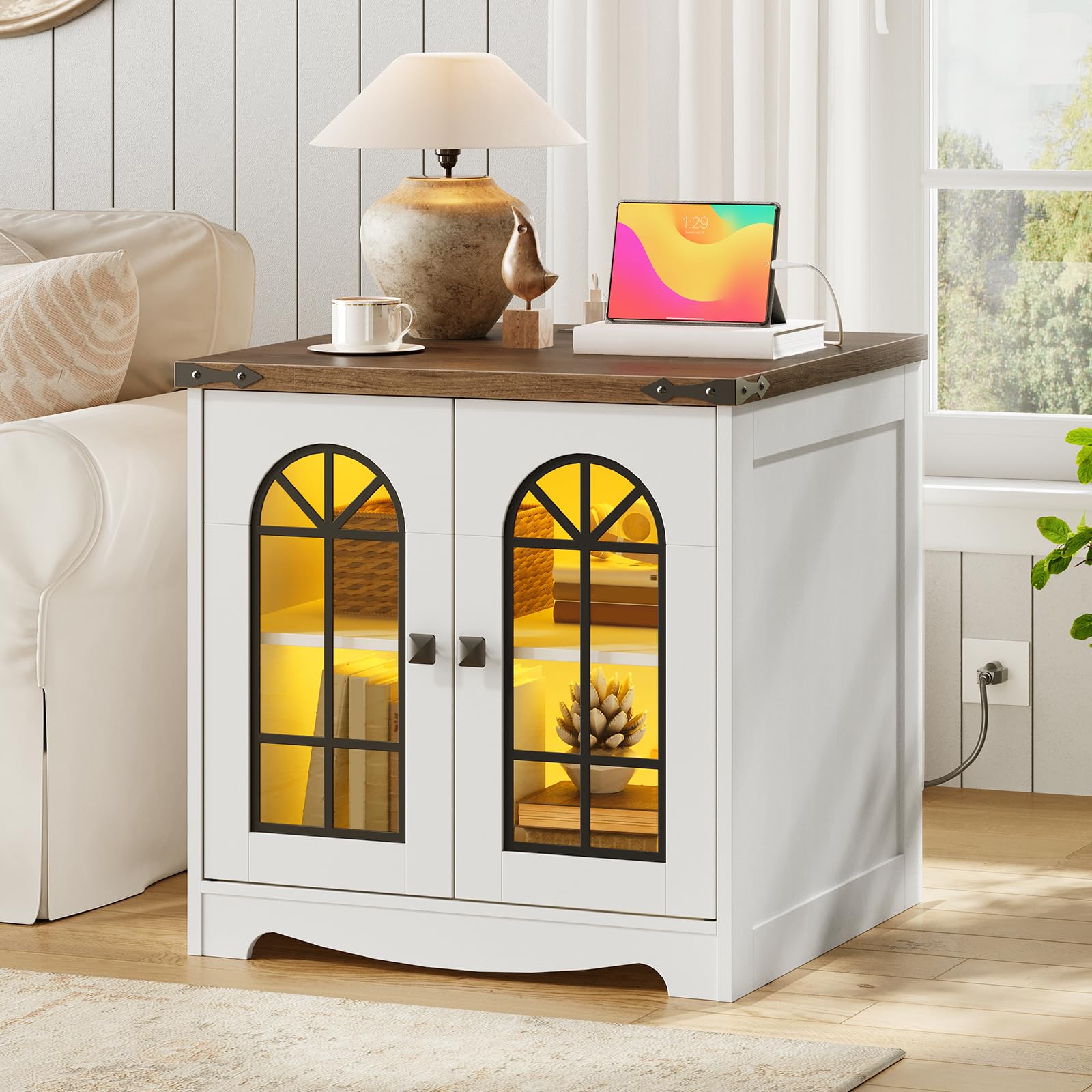 hoobro-table-de-nuit-blanche-led-avec-charge-et-armoire-2-portes image 2