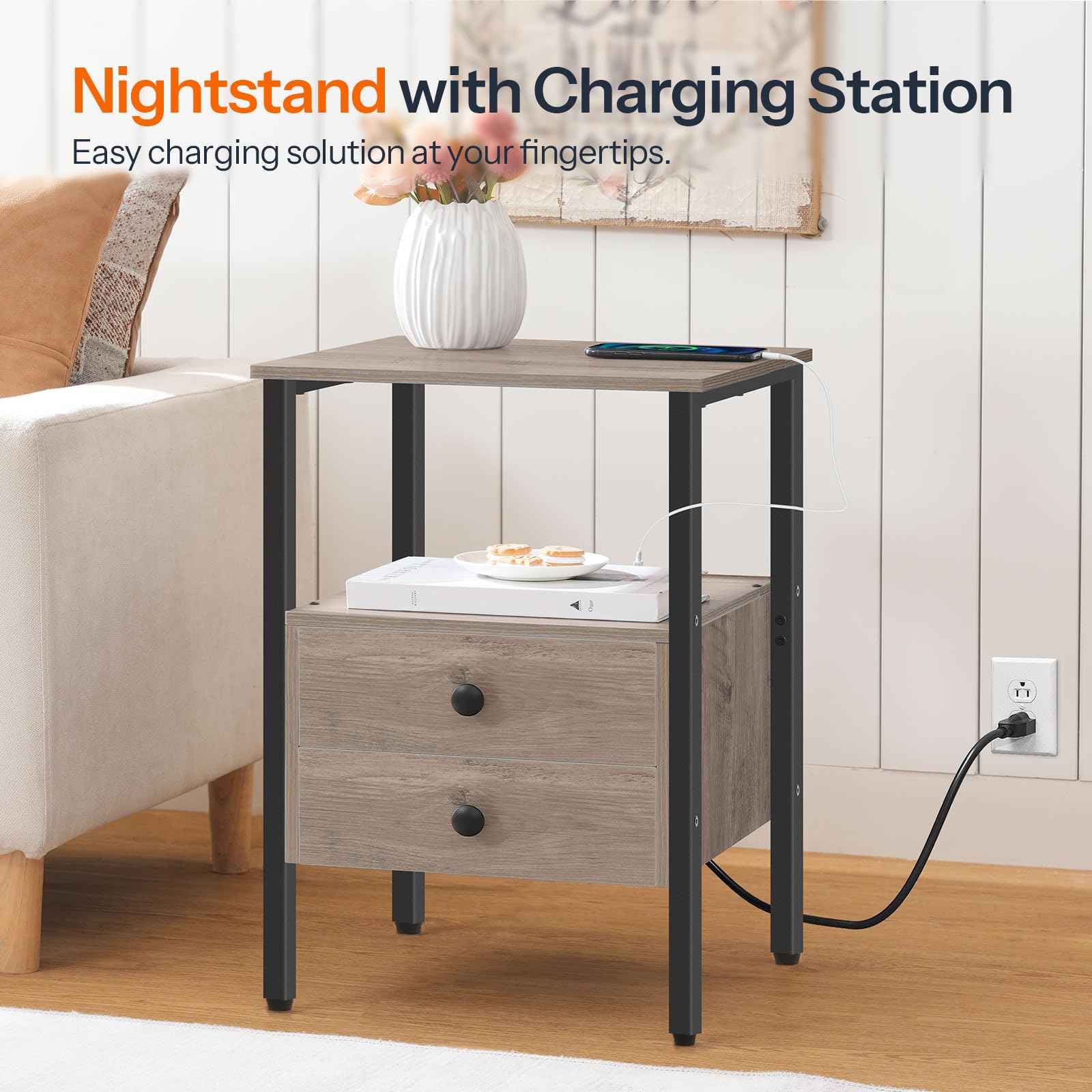 hoobro-table-de-chevet-2-tiroirs-greige-avec-prises-usb image 6