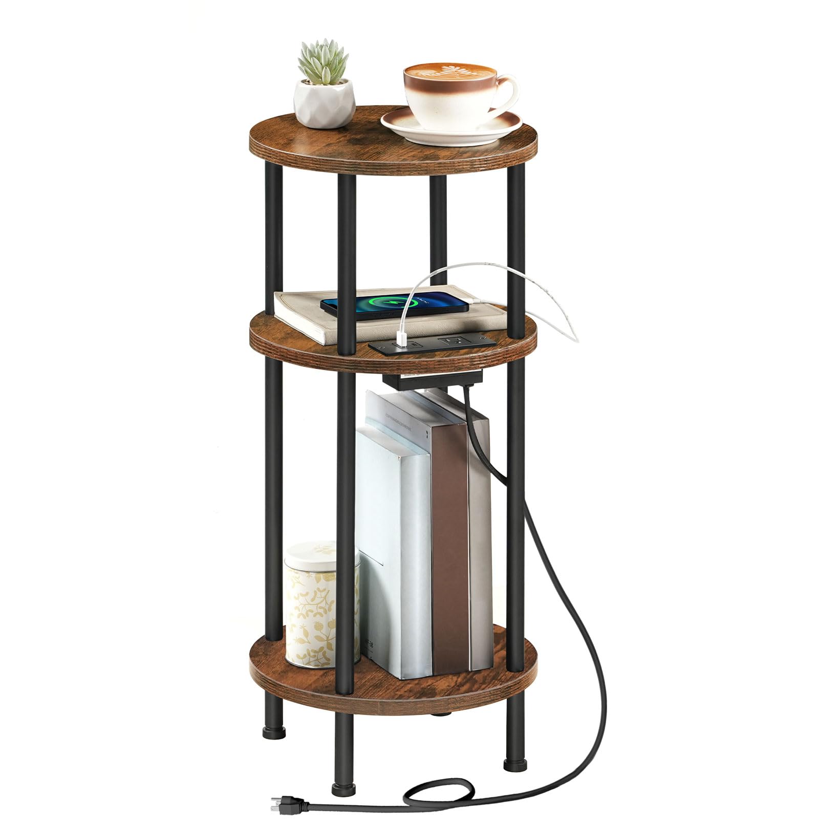 hoobro-table-appoint-ronde-marron-usb-3-niveaux-compacte image 1
