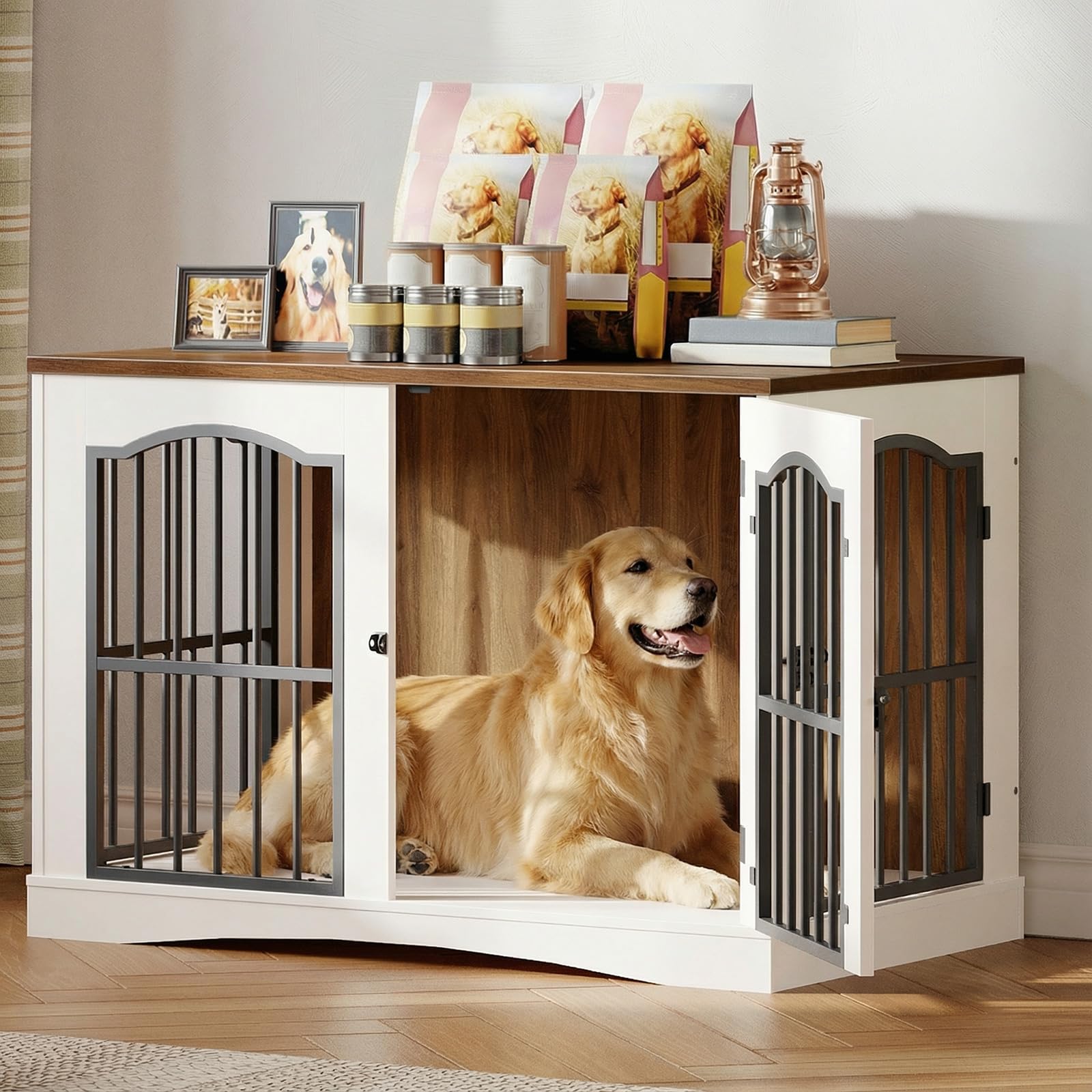 hoobro-meuble-niche-chien-blanc-3-portes-39-pouces-salon image 2