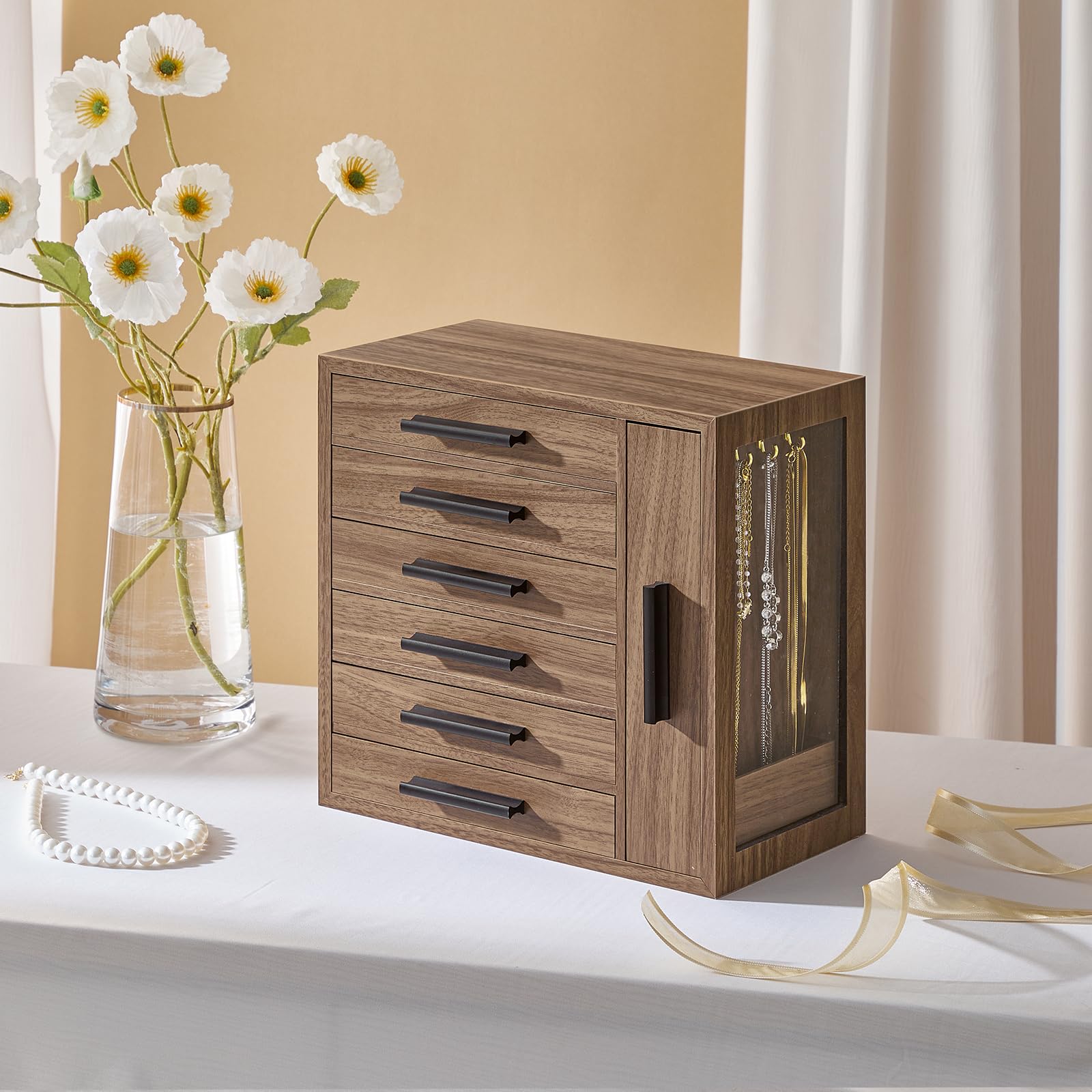 hoobro-jewelry-boxes-bo-te-bijoux-bois-noyer-6-tiroirs image 4
