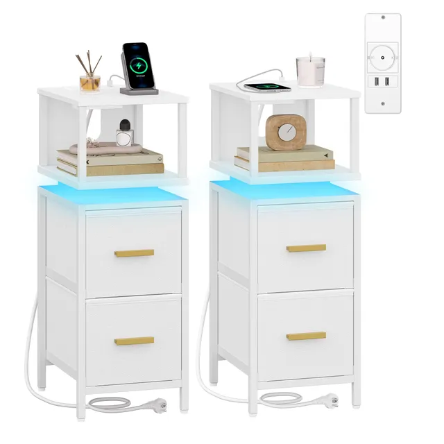 hexcelen-lot-2-tables-de-chevet-blanches-led-usb-24-cm image 1