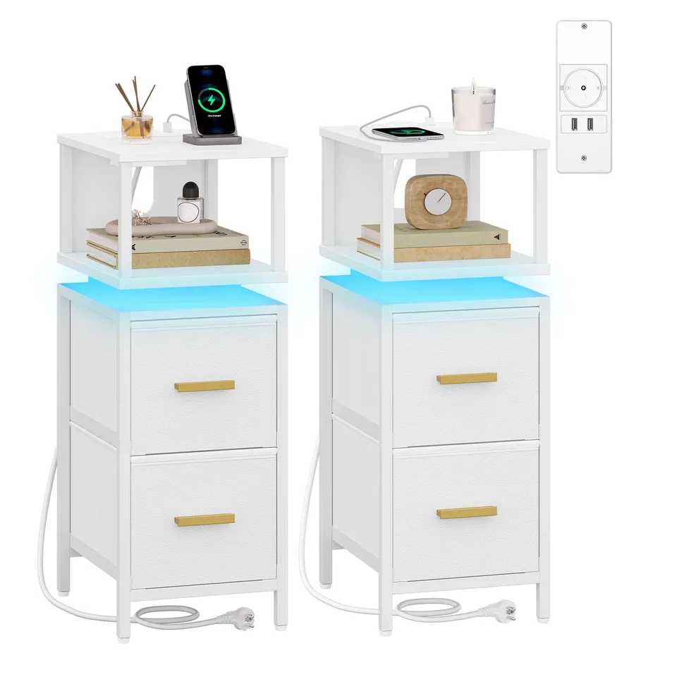 hexcelen-lot-2-tables-de-chevet-blanches-led-usb-24-cm image 1