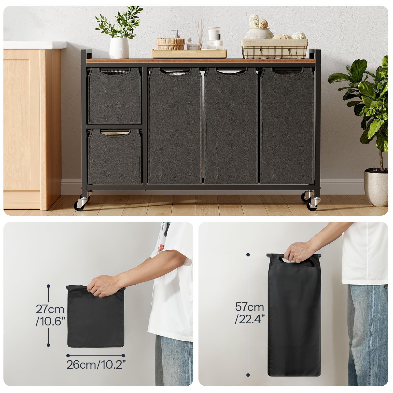 hoobro-bf26xy01-panier-linge-5-bacs-170l-marron-roulettes image 5
