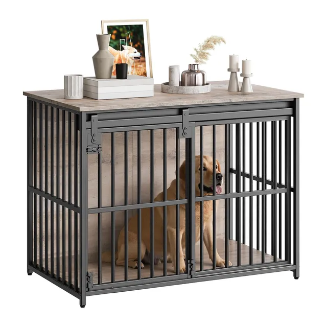 hoobro-cage-chien-bois-gris-porte-coulissante-niche-int-rieure image 1