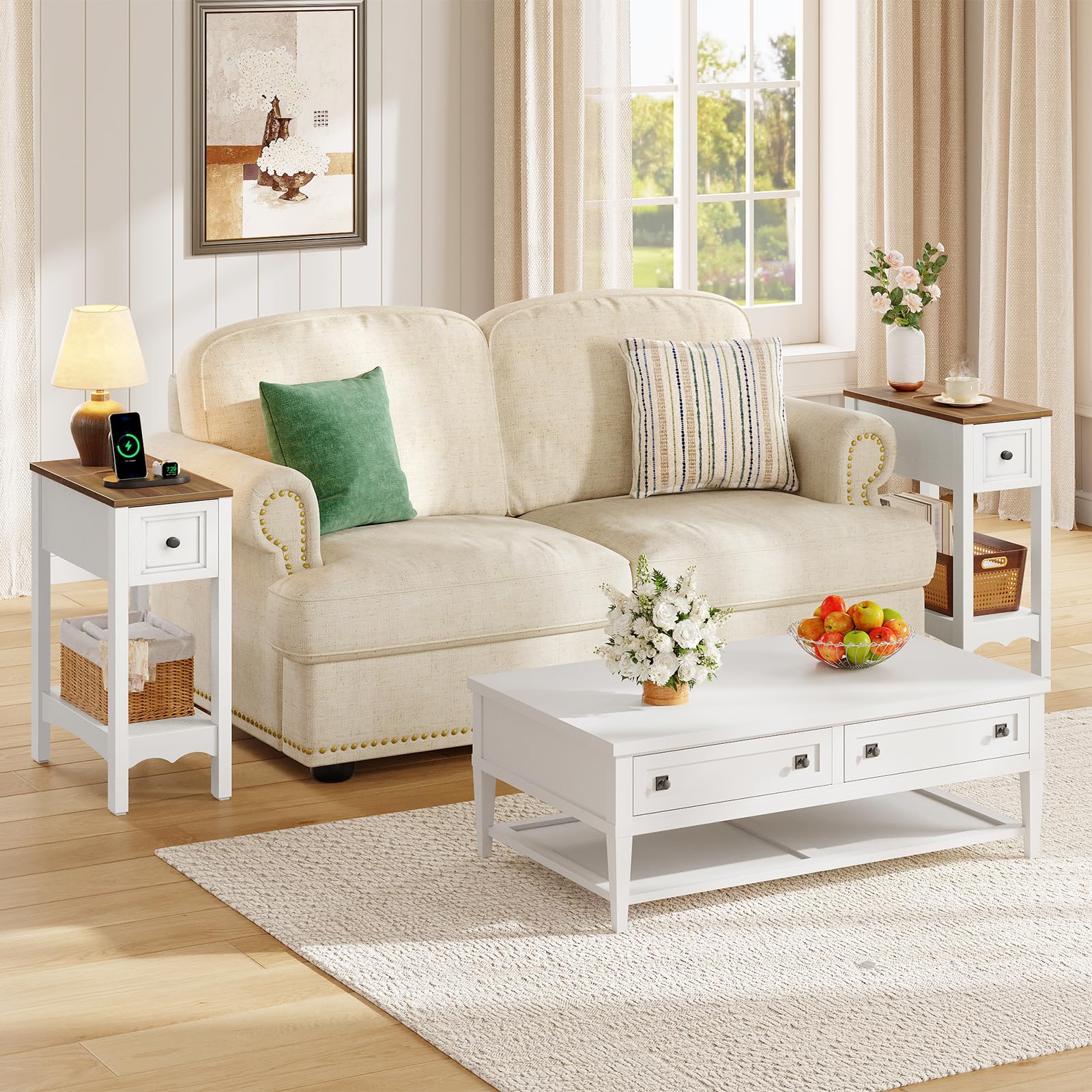 hoobro-side-tables-bout-de-canap-blanc-avec-prise-tiroir image 2
