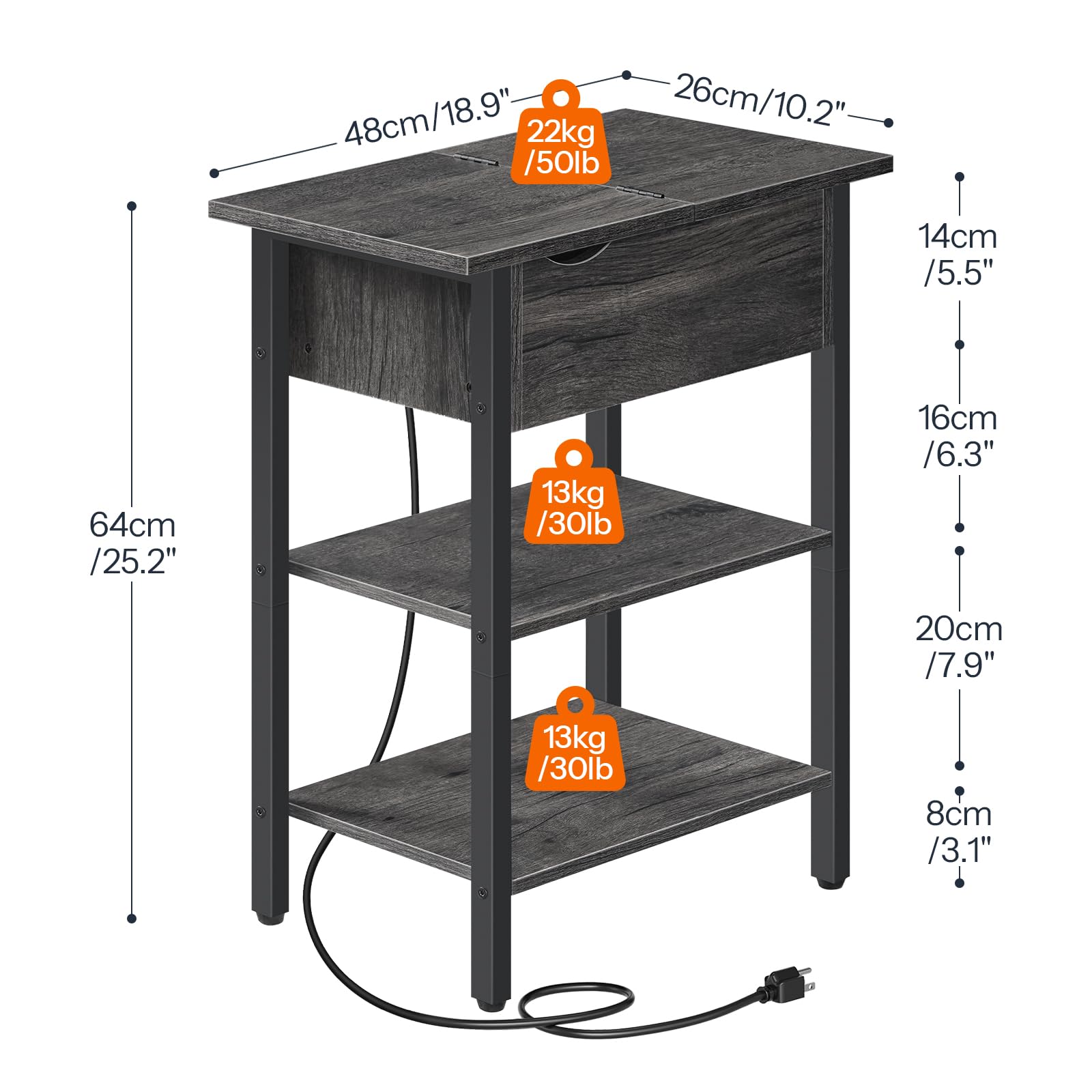 hoobro-bc341bz01-table-de-chevet-noire-troite-avec-prise image 3