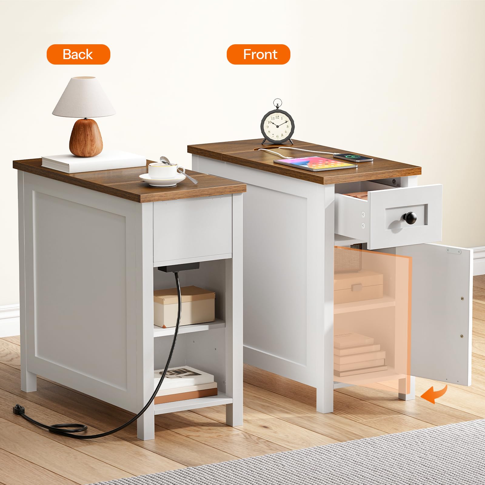 hoobro-table-de-chevet-troite-blanche-prise-usb-type-c image 7
