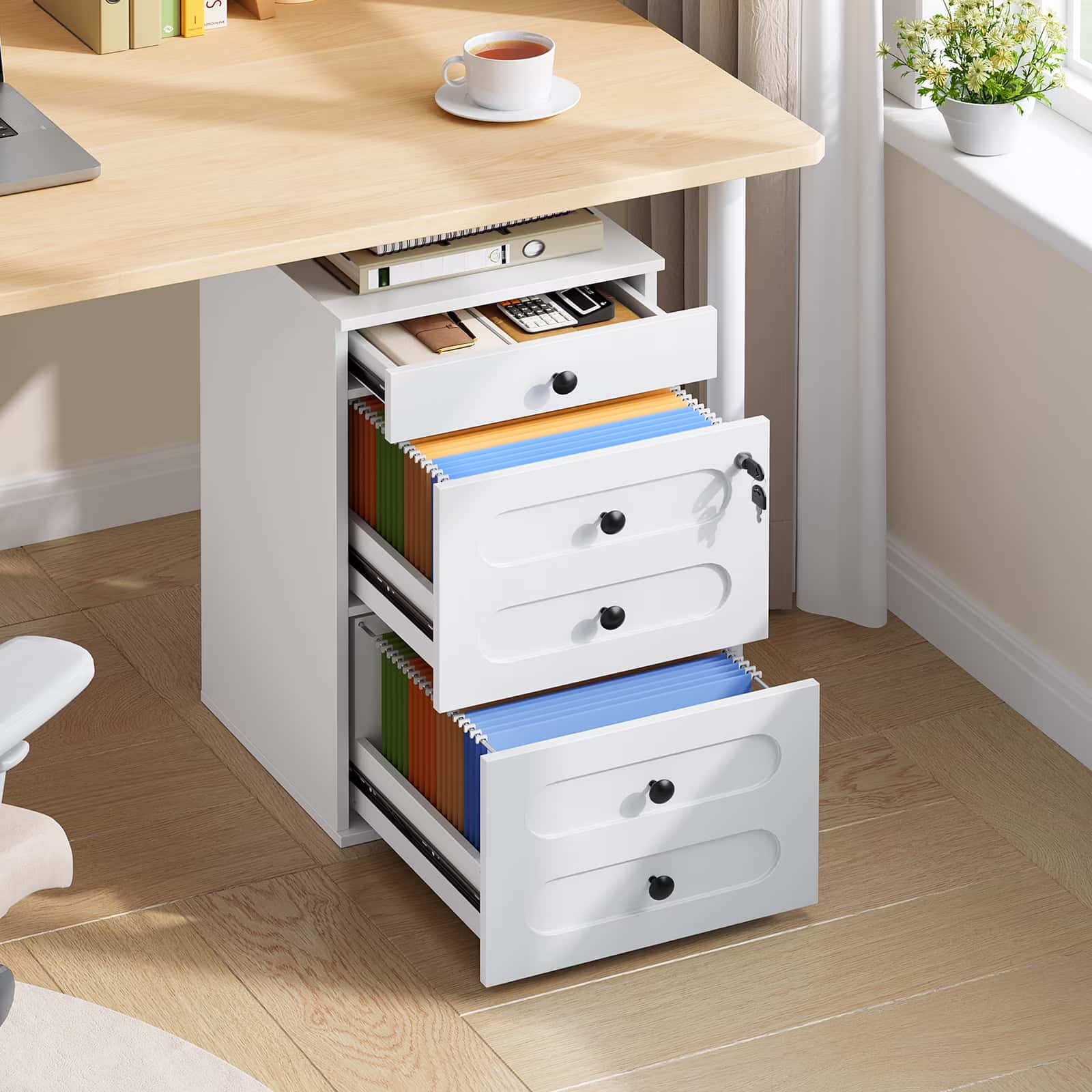 hoobro-caisson-de-bureau-blanc-3-tiroirs-verrou-roulettes image 6