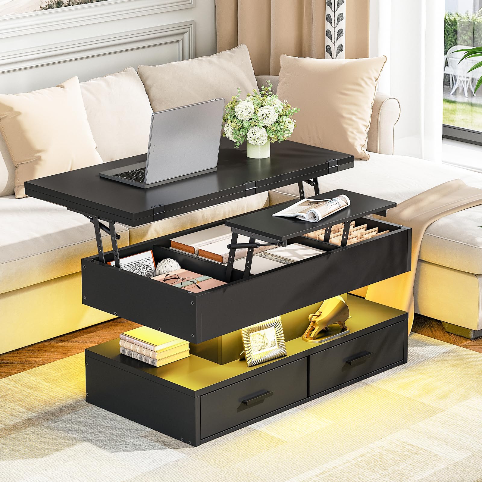 hoobro-coffee-tables-table-basse-noire-relevable-led-rangement image 2
