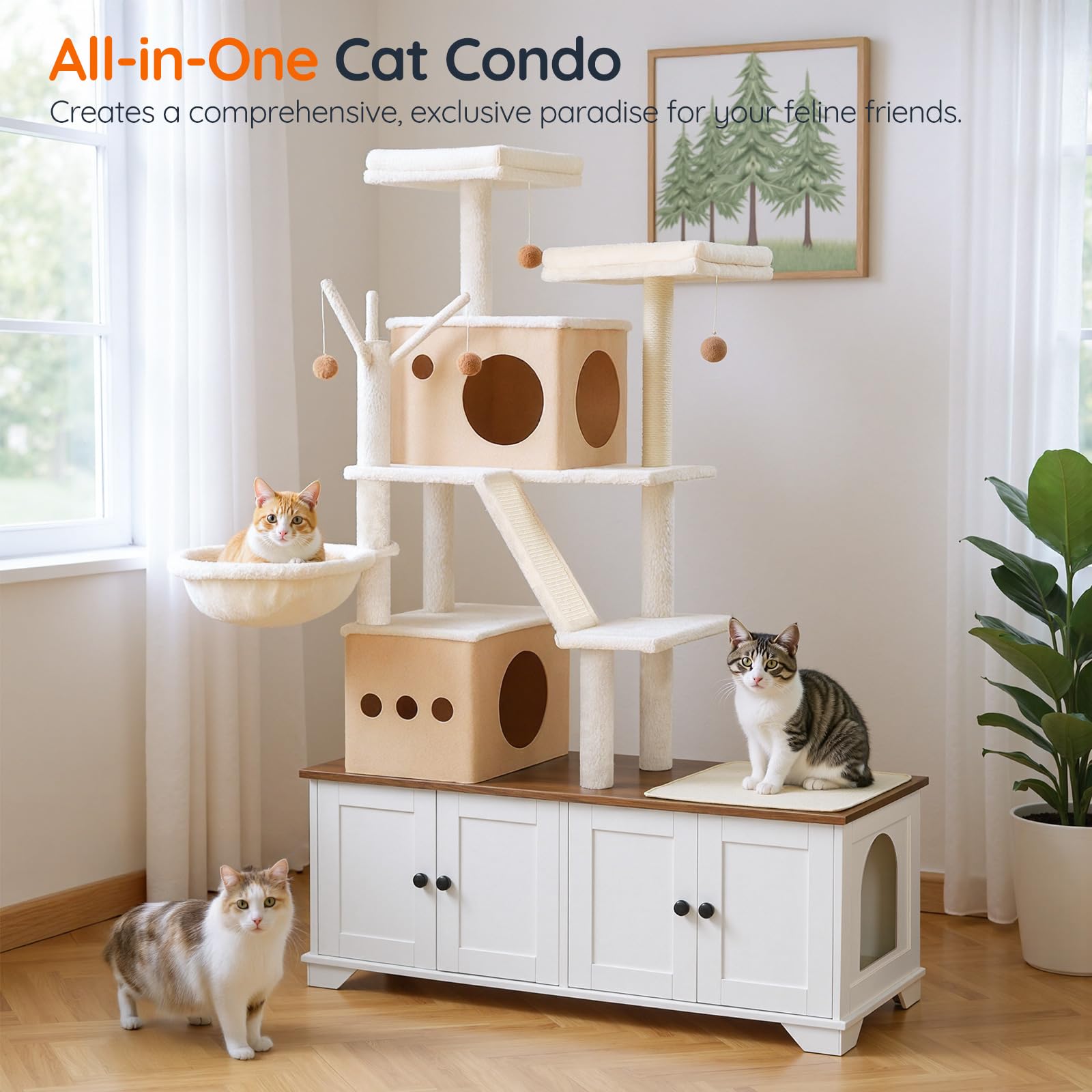 hoobro-arbre-chat-blanc-2-en-1-cache-liti-re-griffoir image 5