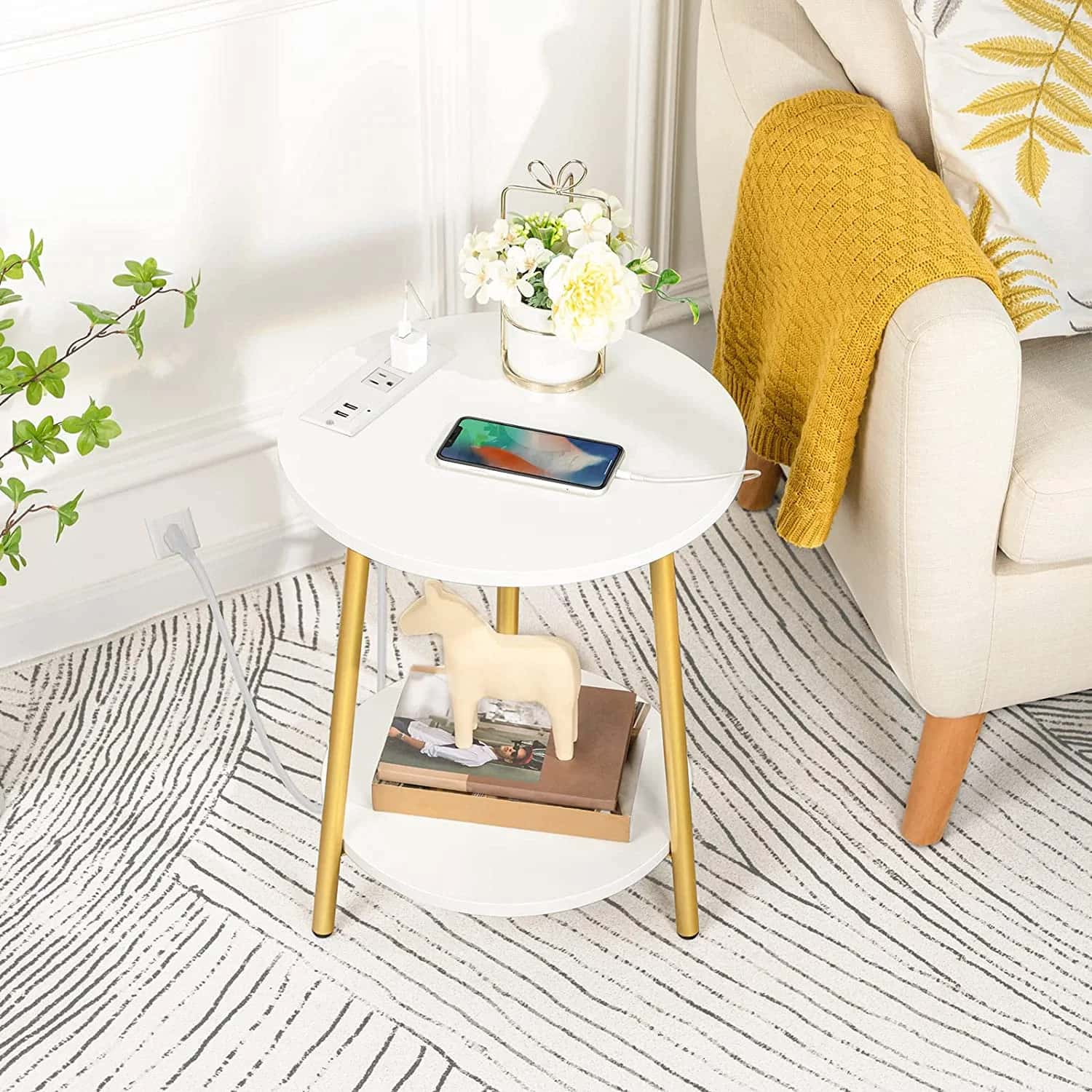 hoobro-table-d-appoint-ronde-2-niveaux-blanche-usb image 4