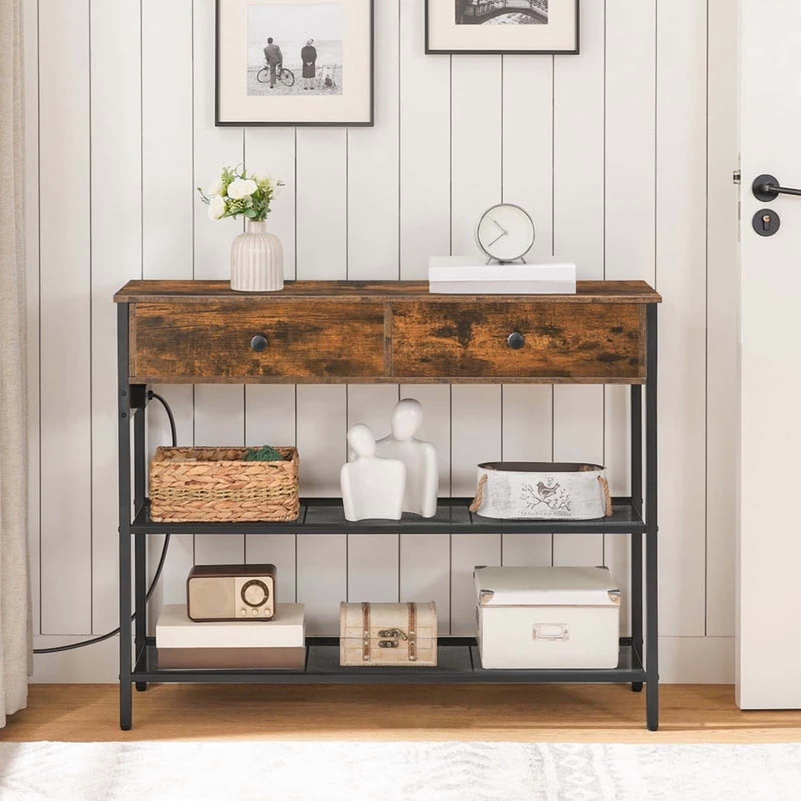 hoobro-console-table-console-entr-e-3-niveaux-marron-tiroirs image 5