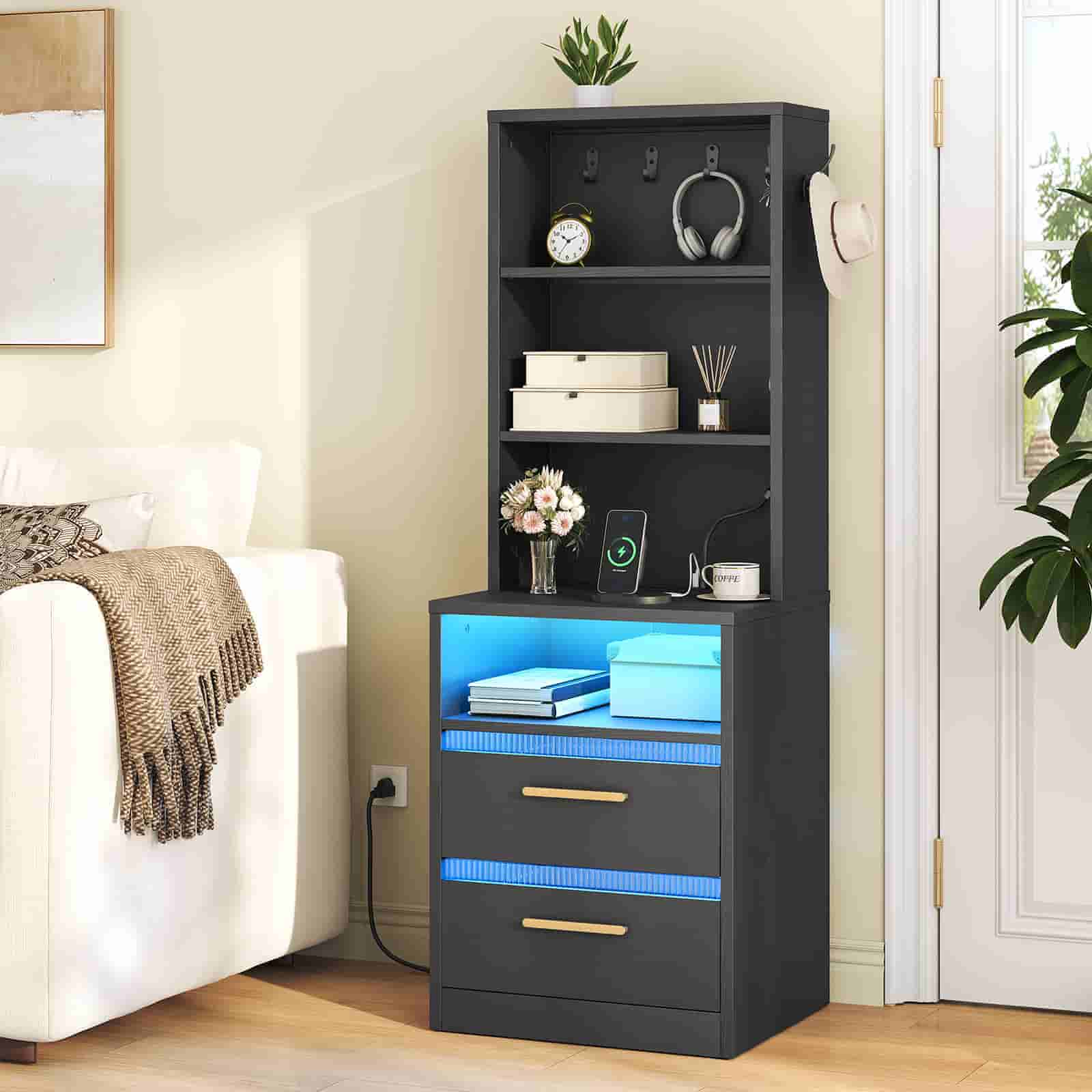 hoobro-nightstands-table-nuit-noire-led-prise-usb image 4