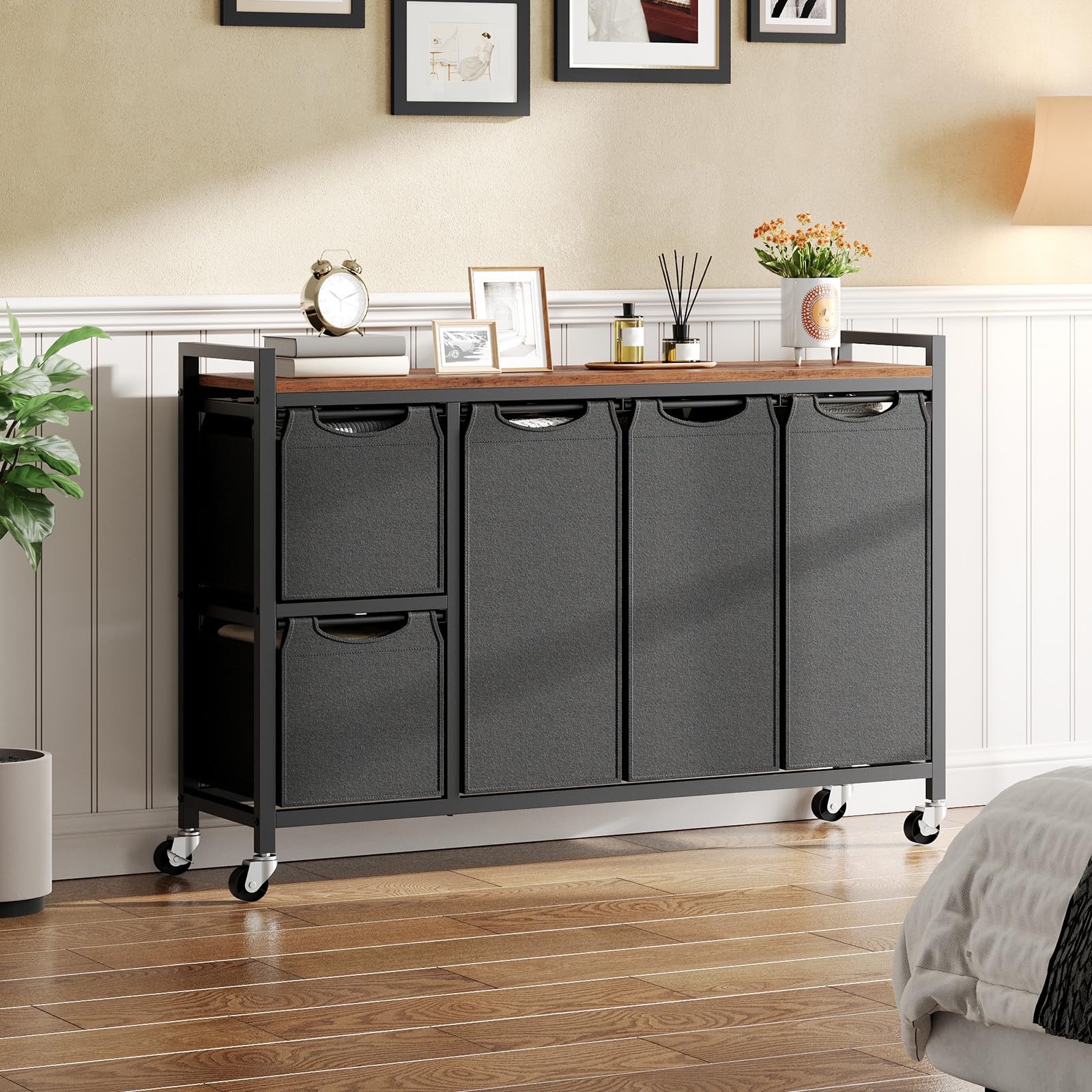 hoobro-bf26xy01-panier-linge-5-bacs-170l-marron-roulettes image 8