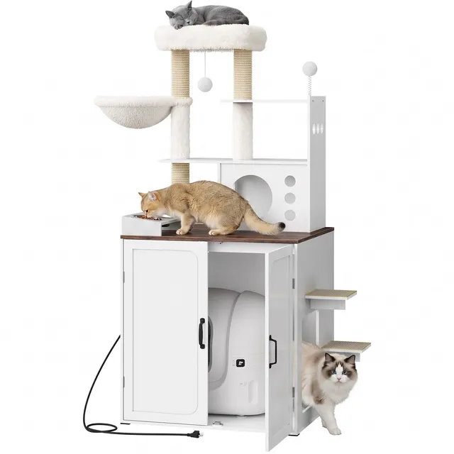 hoobro-pet-furniture-arbre-chat-blanc-cache-liti-re-avec-prise image 1
