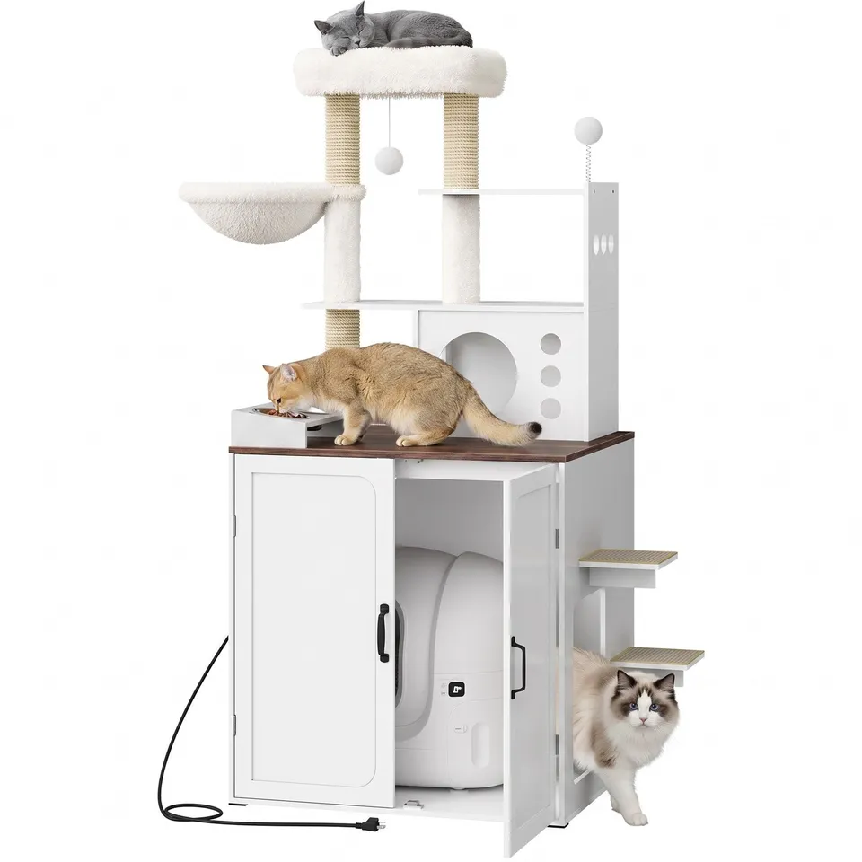 hoobro-pet-furniture-arbre-chat-blanc-cache-liti-re-avec-prise image 1