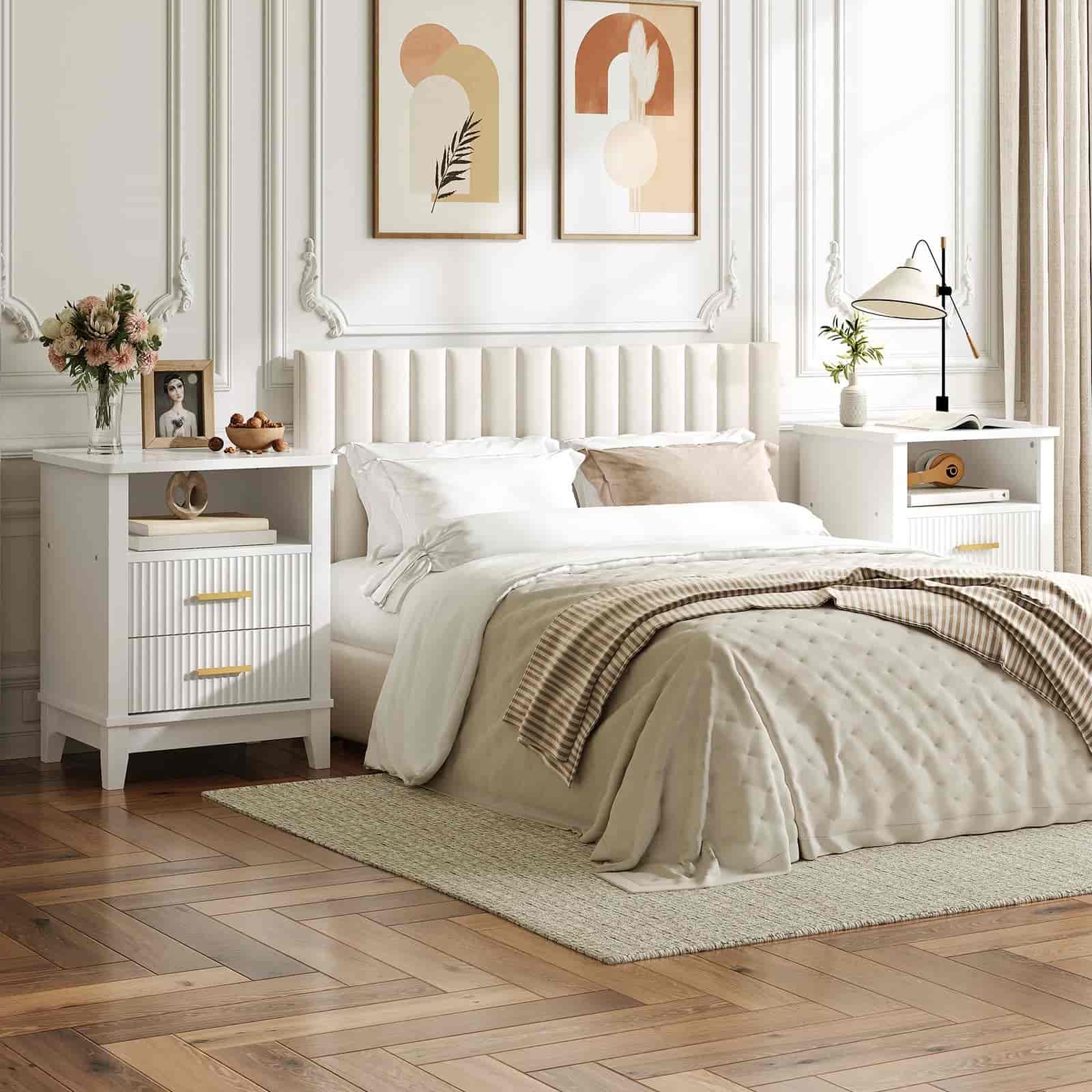 hoobro-nightstands-table-de-chevet-blanche-led-2-tiroirs-marbre image 4