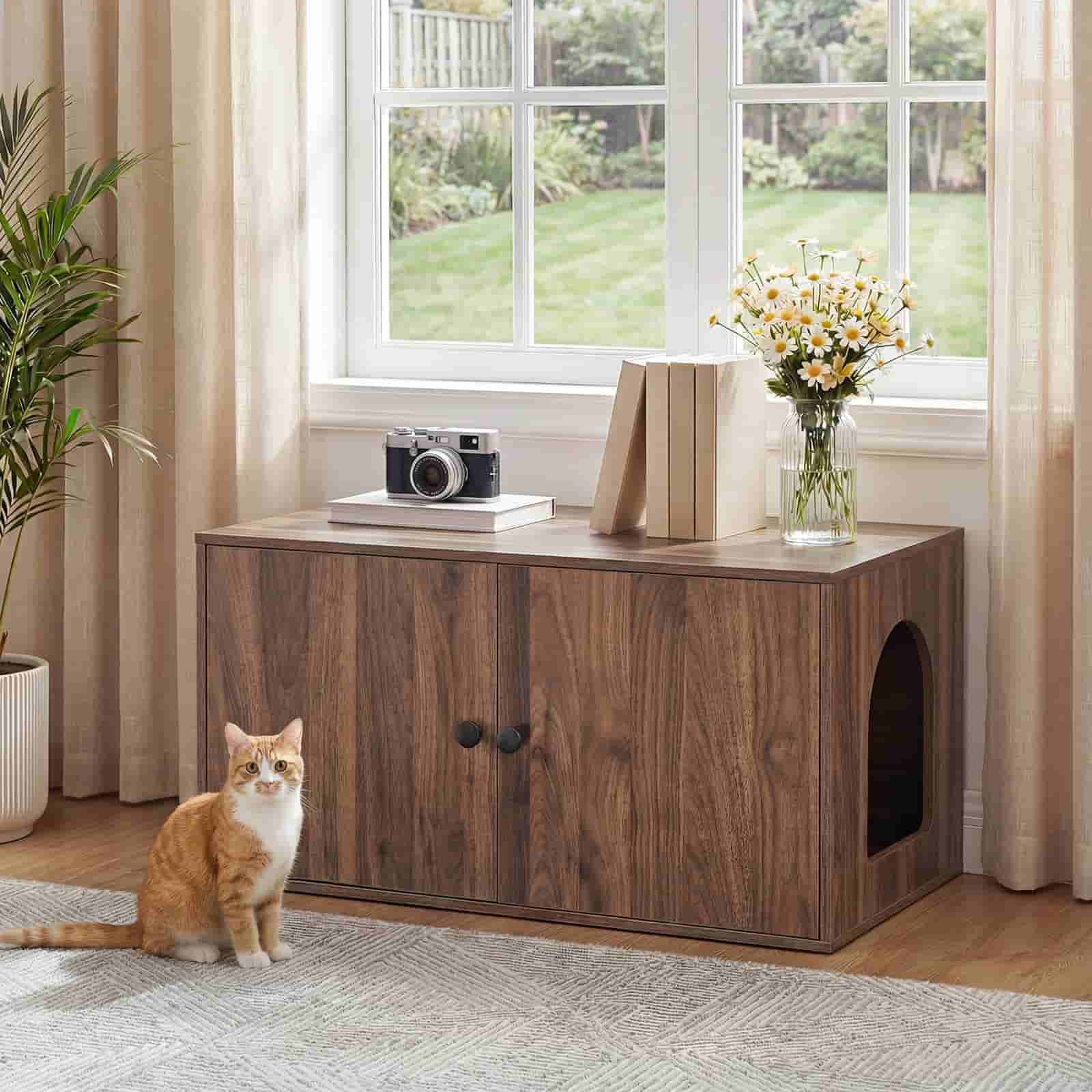 hoobro-meuble-liti-re-chat-bois-marron-banc-cach image 2