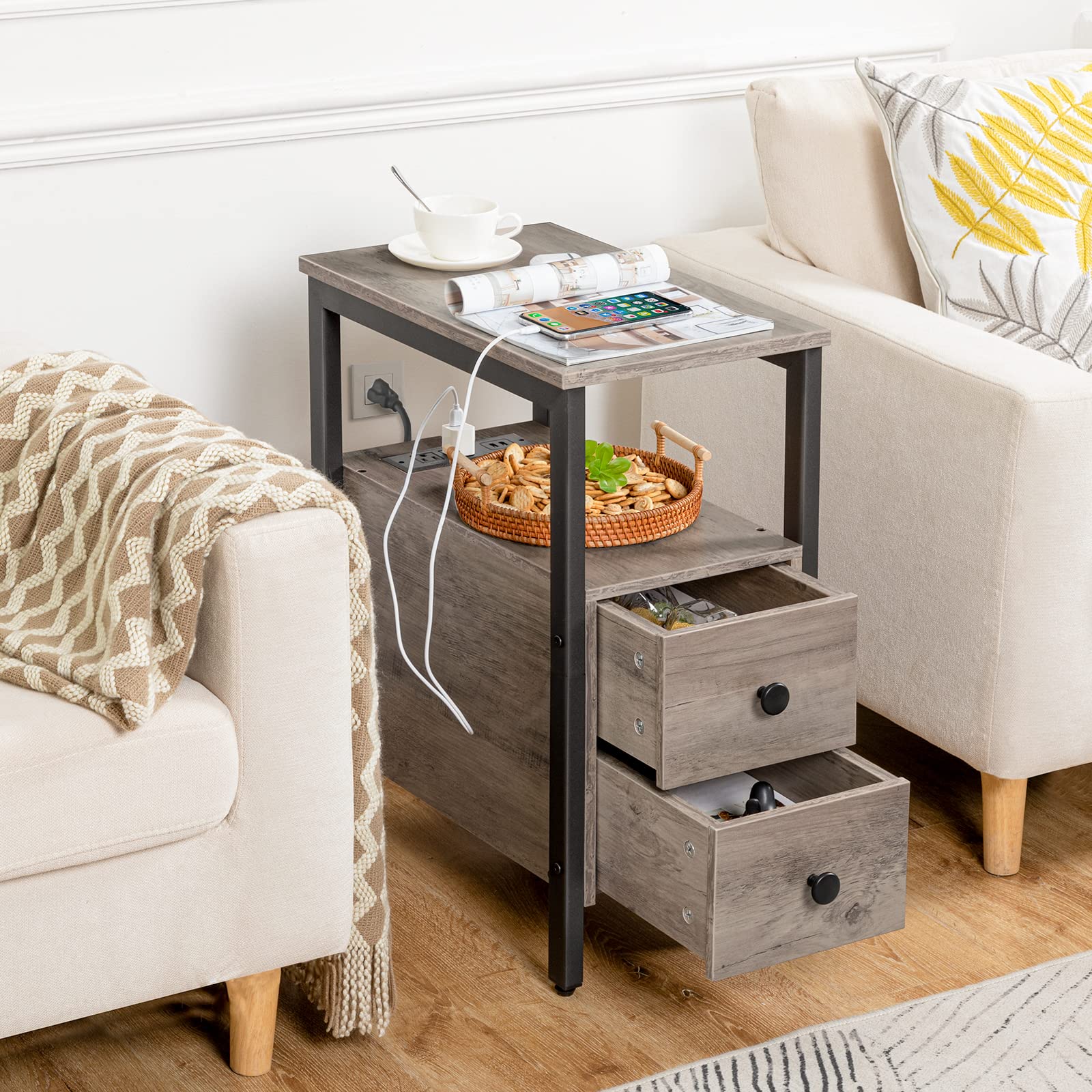 hoobro-side-tables-lot-2-tables-chevet-greige-avec-prise image 5