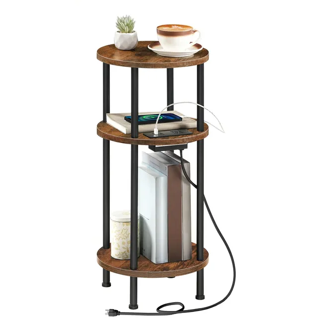 hoobro-table-appoint-ronde-marron-usb-3-niveaux-compacte image 1