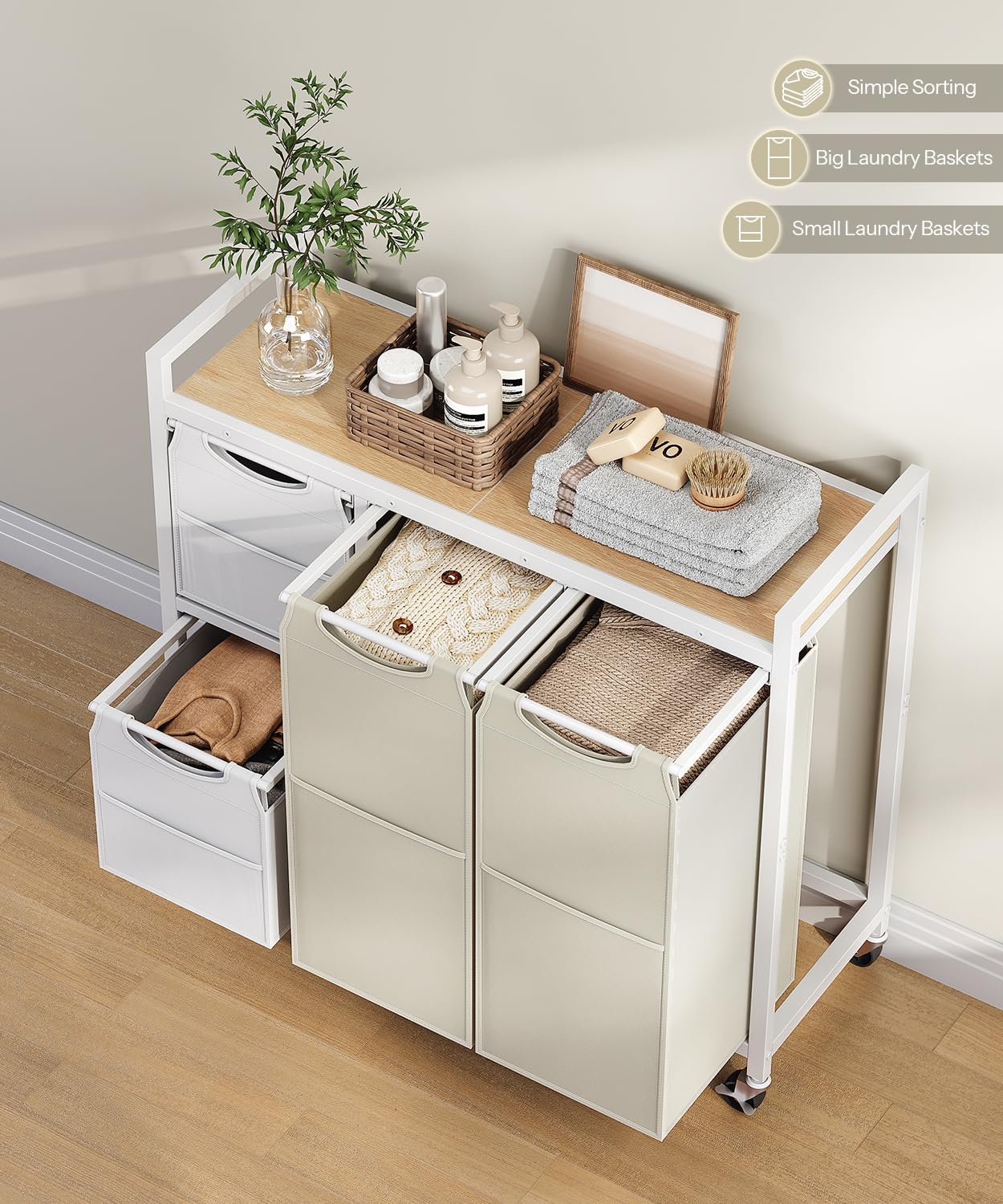 hoobro-panier-linge-4-bacs-blanc-127-l-trieur-roulettes image 4