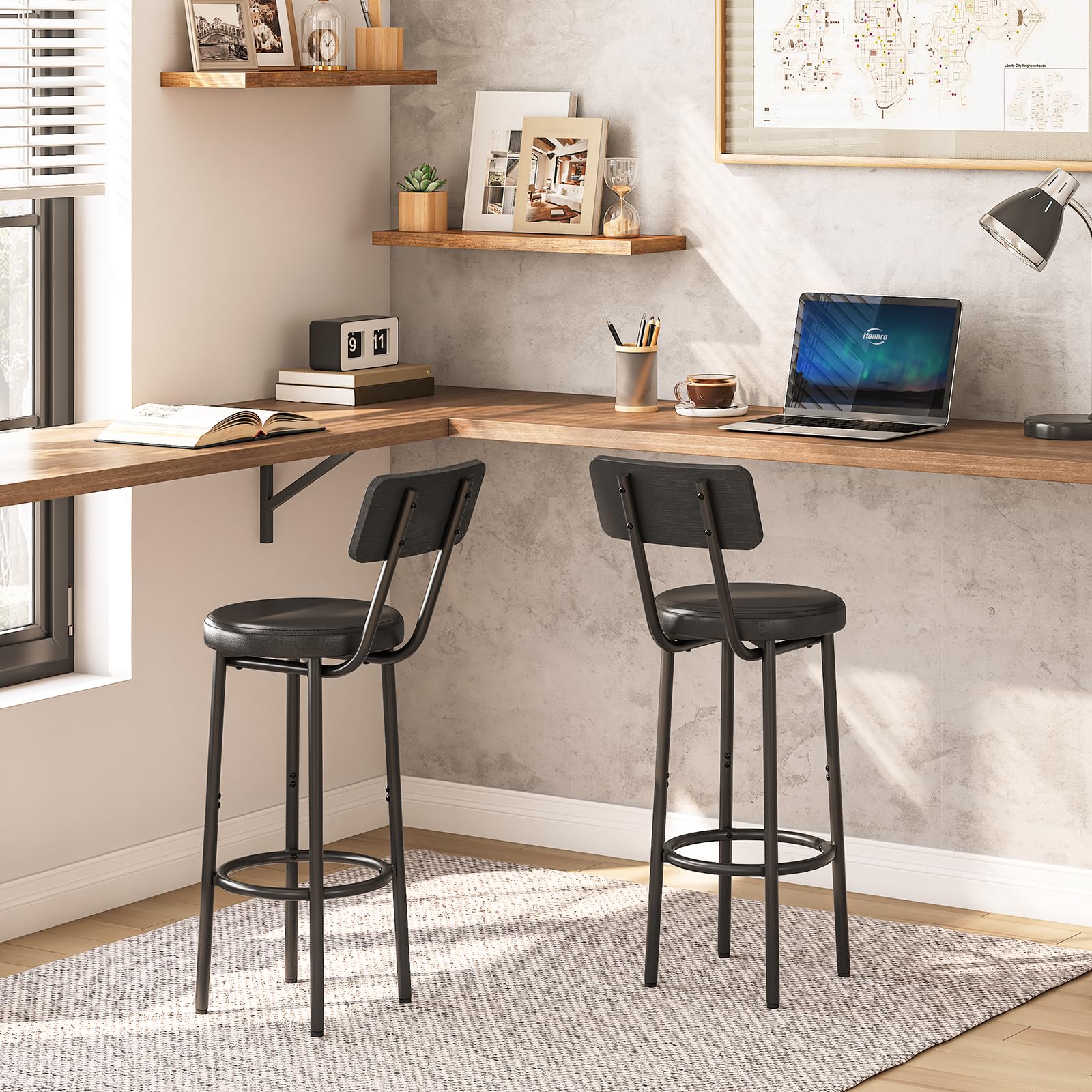 hoobro-bar-stools-tabouret-de-bar-noir-pu-lot-de-2-dossier image 4