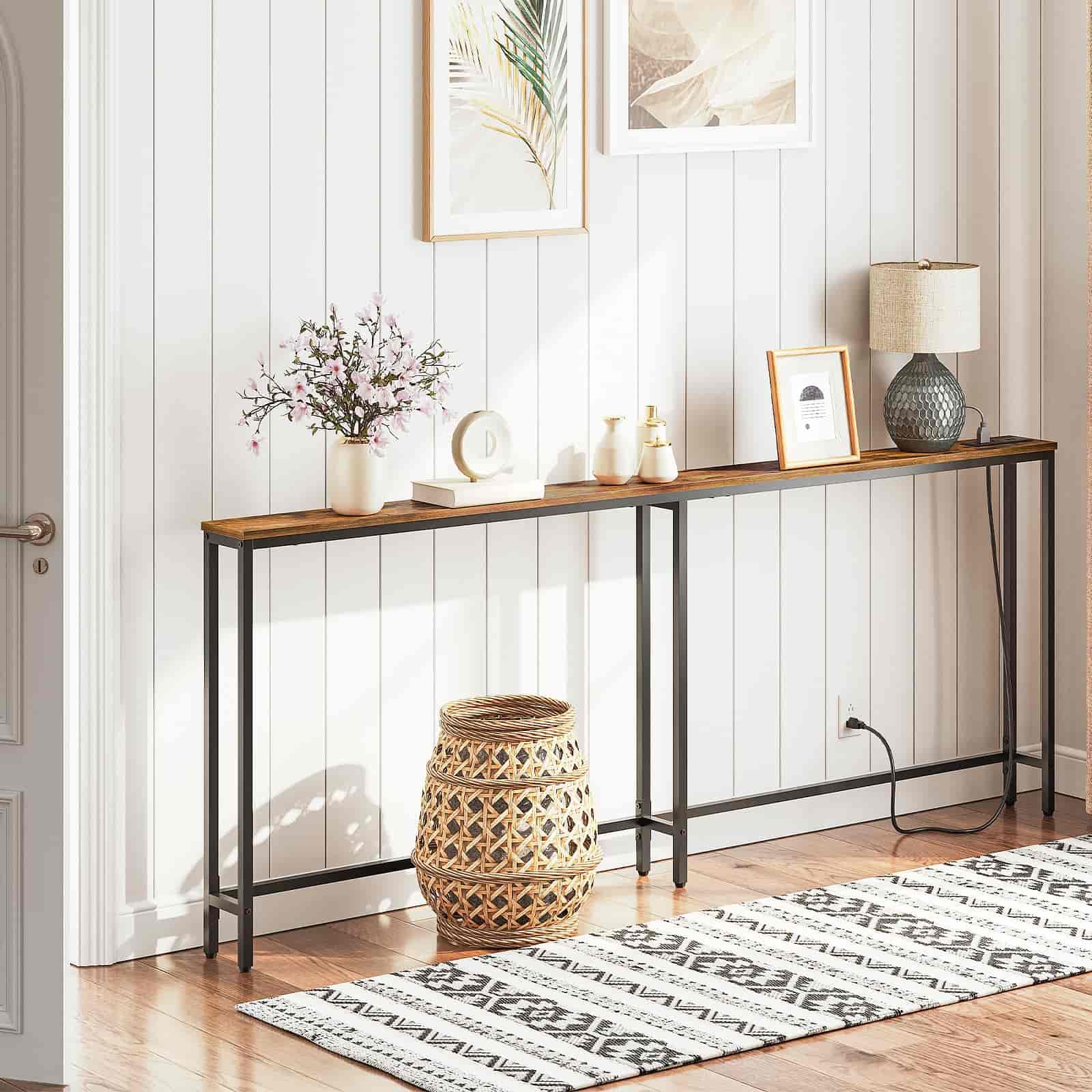 hoobro-console-table-console-troite-marron-200-cm-prises-usb image 2