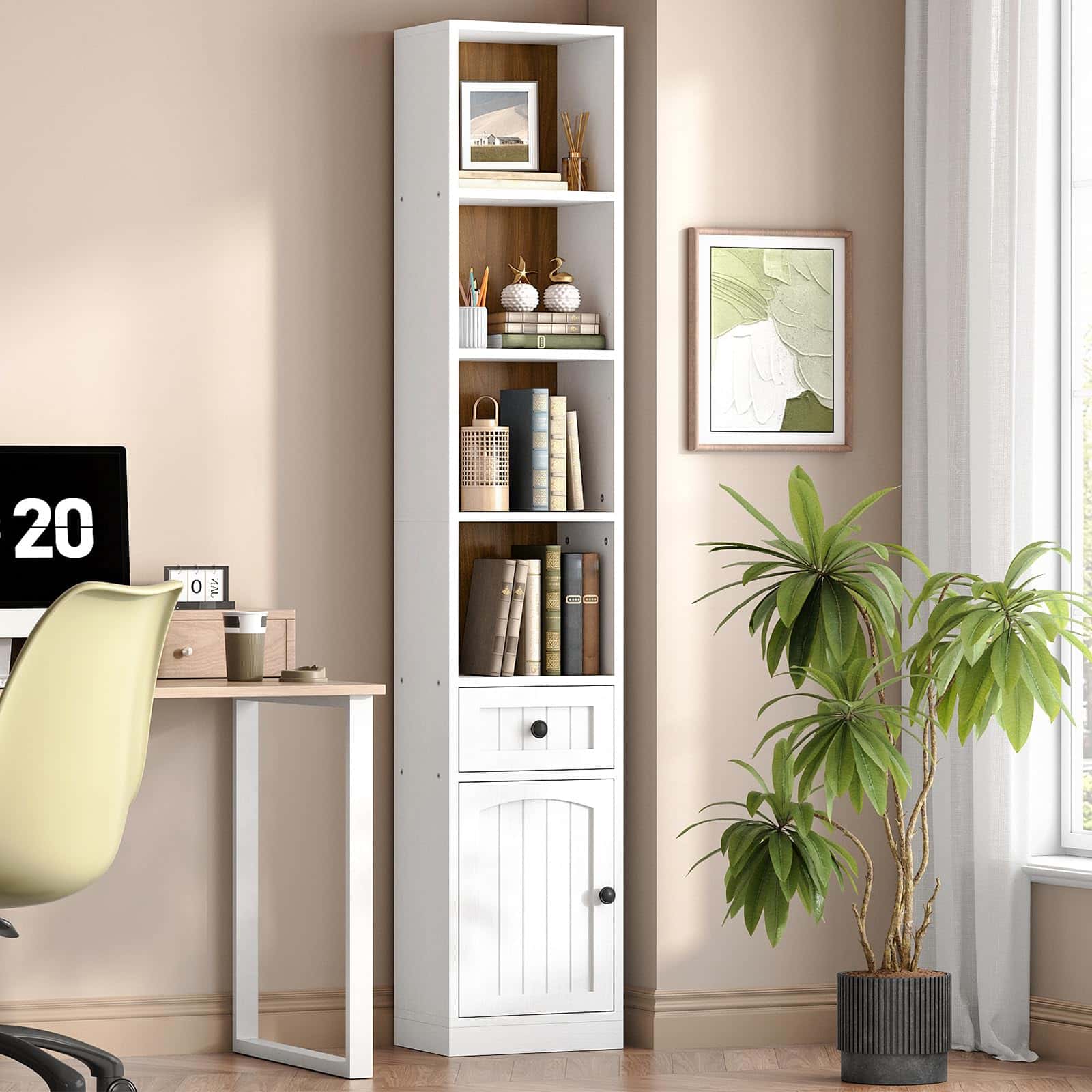 hoobro-bookshelves-biblioth-que-troite-blanche-180-cm-avec-placard image 2