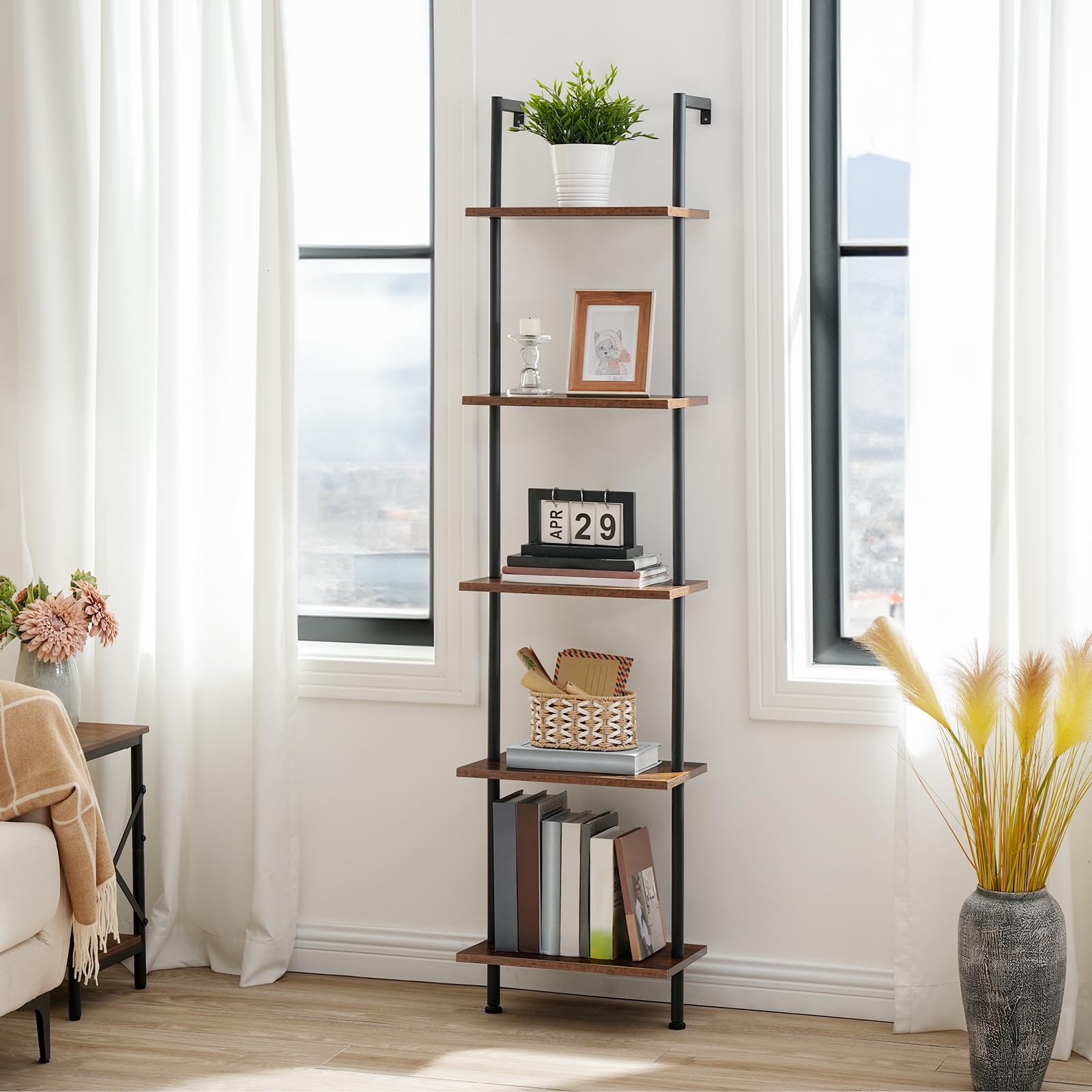 hoobro-ladder-shelves-tag-re-chelle-bois-marron-5-niveaux image 2