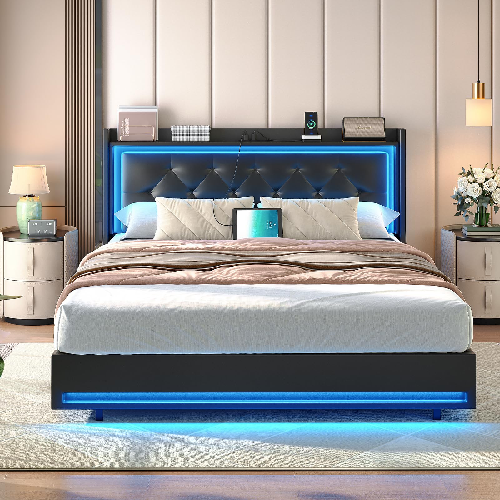hoobro-bed-frames-lit-queen-noir-led-usb-capitonn image 2