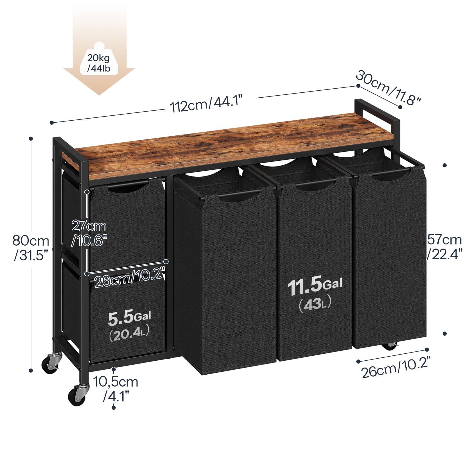 hoobro-bf26xy01-panier-linge-5-bacs-170l-marron-roulettes image 3