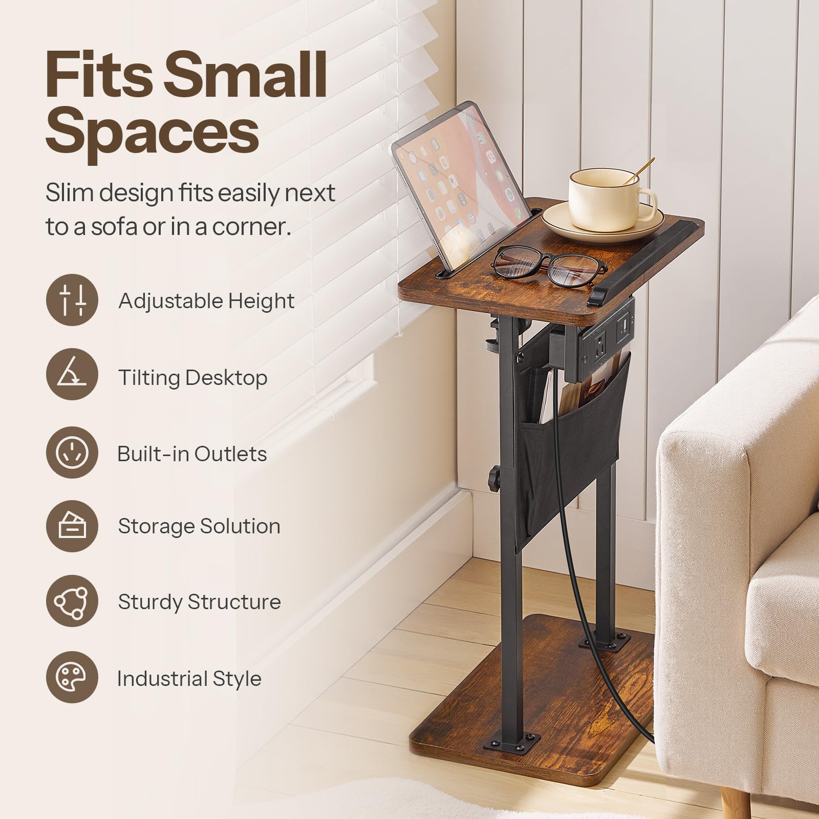 hoobro-side-tables-bout-de-canap-marron-hauteur-r-glable-avec-prise image 5
