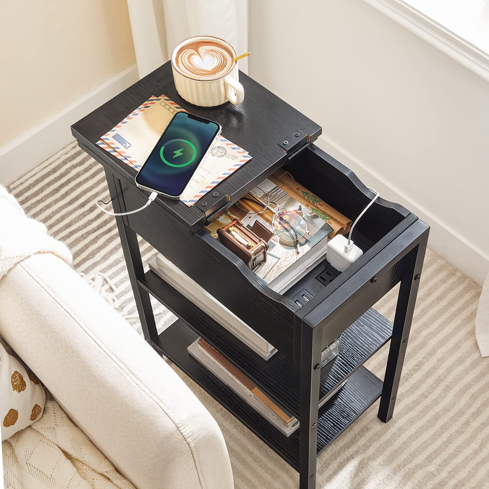 hoobro-table-appoint-rabattable-noire-avec-station-charge image 5