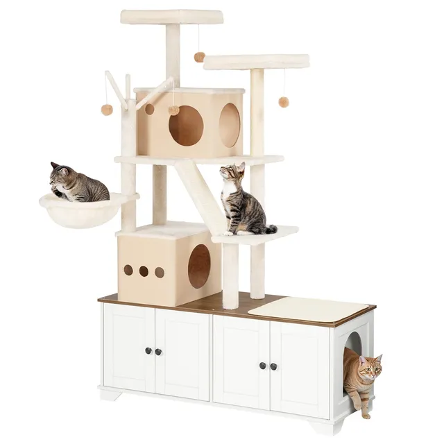 hoobro-arbre-chat-blanc-2-en-1-cache-liti-re-griffoir image 1