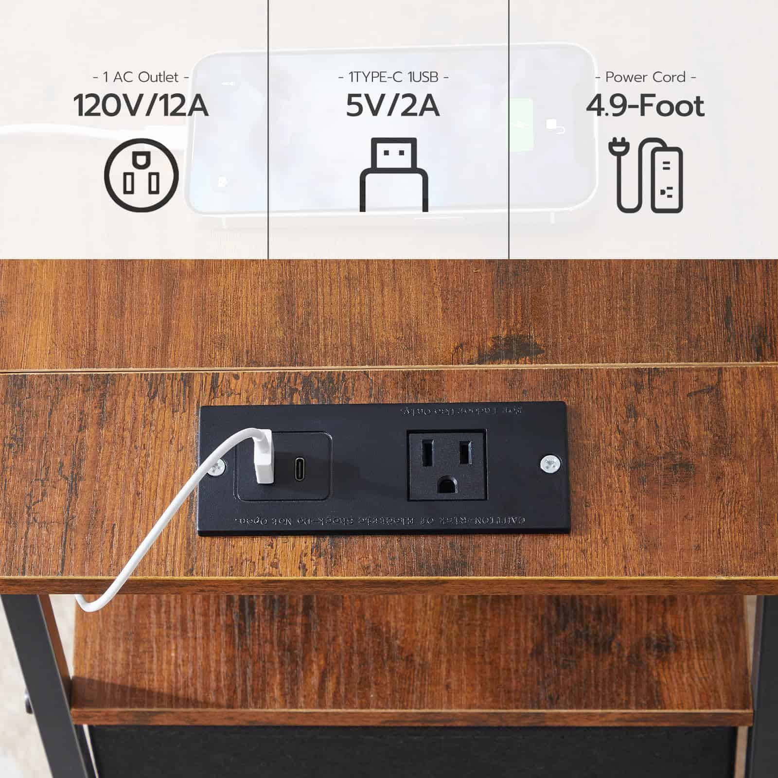 hoobro-table-d-appoint-troite-marron-prise-usb-tiroirs image 6