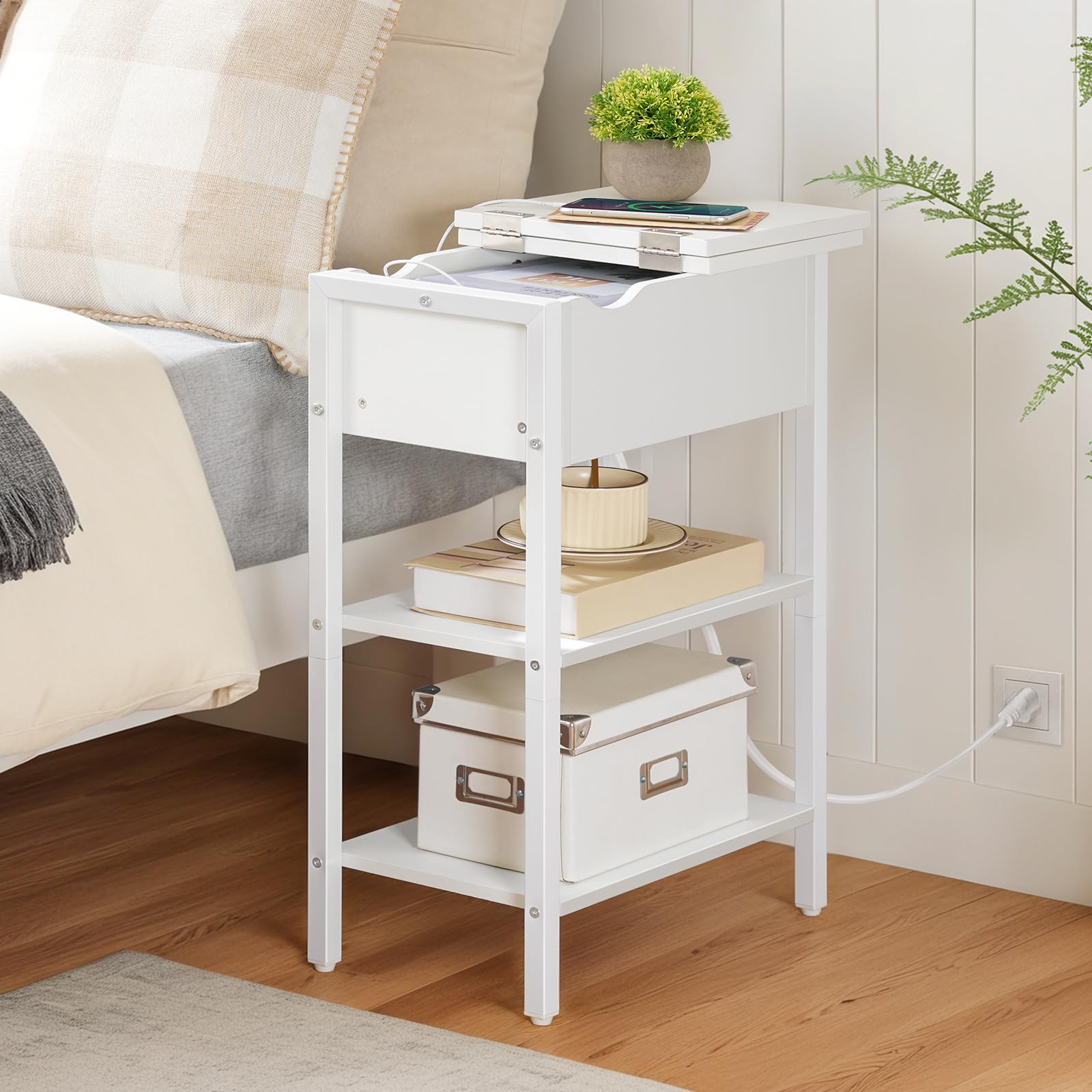 hoobro-side-tables-table-chevet-blanche-usb-abattant-troite image 6