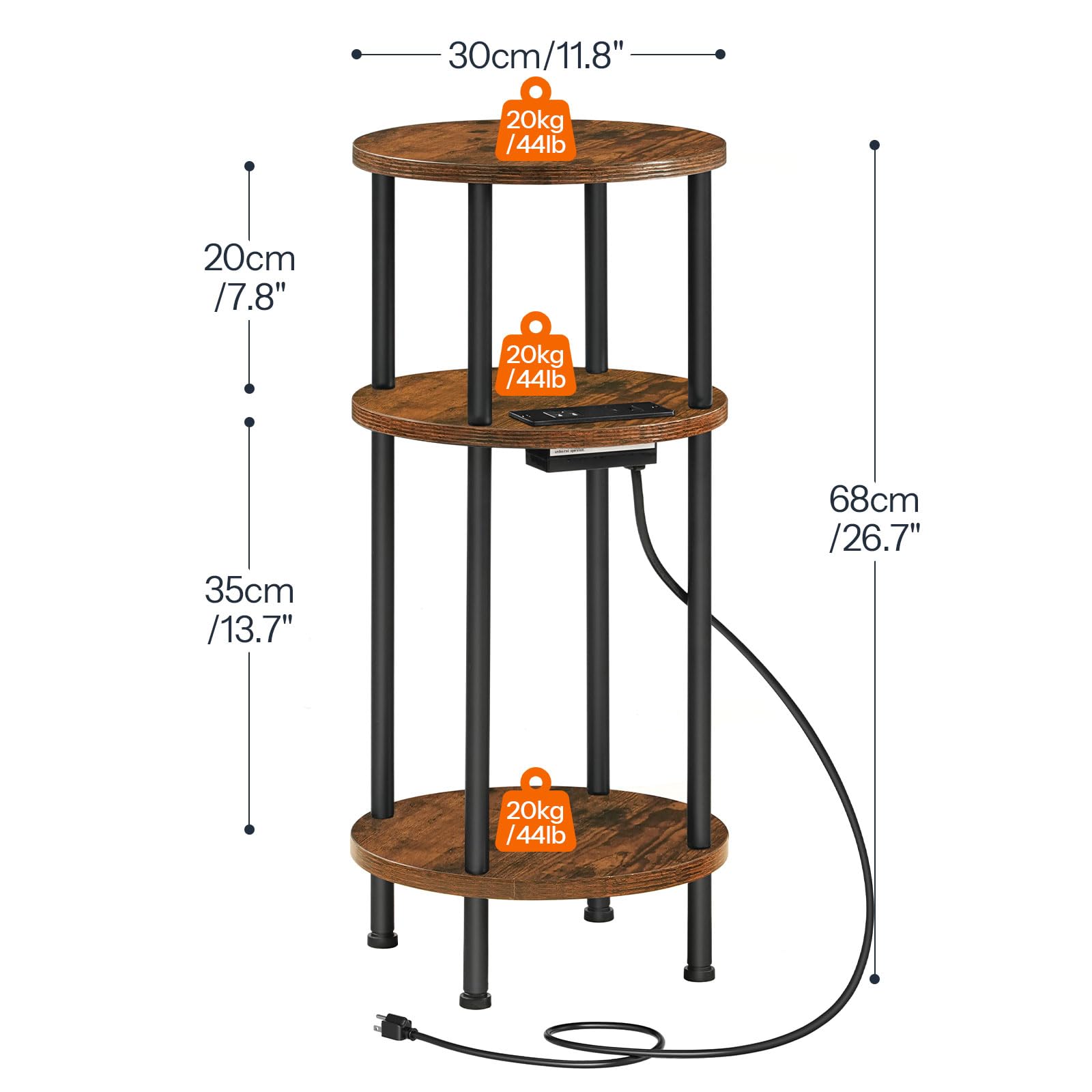 hoobro-table-appoint-ronde-marron-usb-3-niveaux-compacte image 3