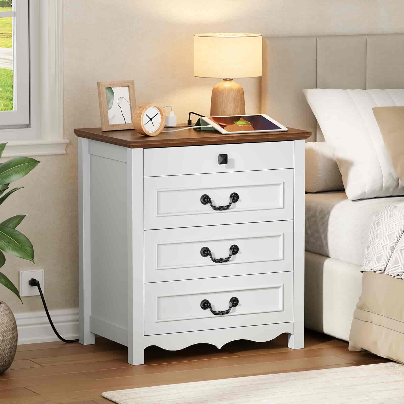 hoobro-nightstands-table-de-nuit-blanche-3-tiroirs-prise-usb image 2