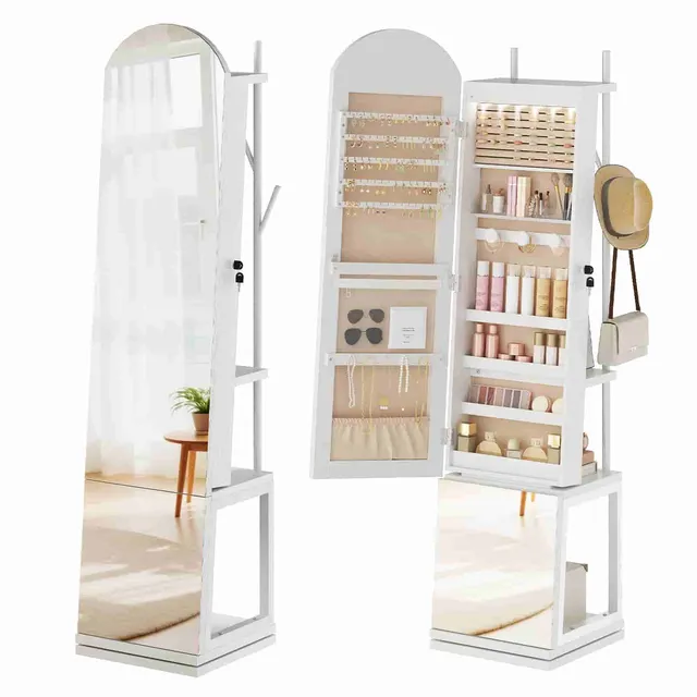 hoobro-armoire-bijoux-pivotante-miroir-led-blanc image 1