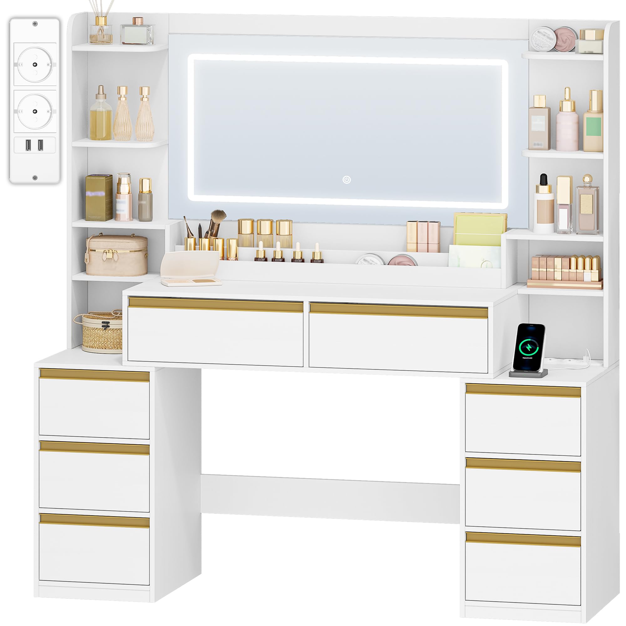 hexcelen-coiffeuse-avec-miroir-135-cm-blanc-dor-led-usb image 1