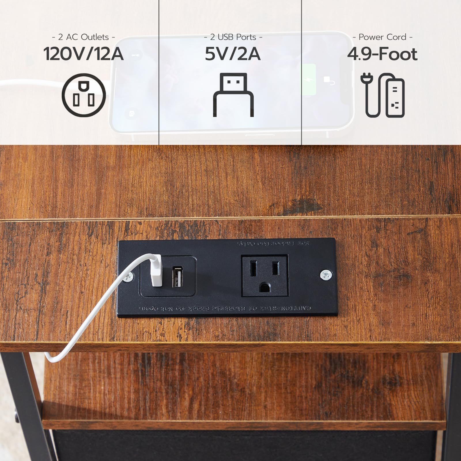 hoobro-side-tables-lot-2-tables-appoint-marron-usb image 7