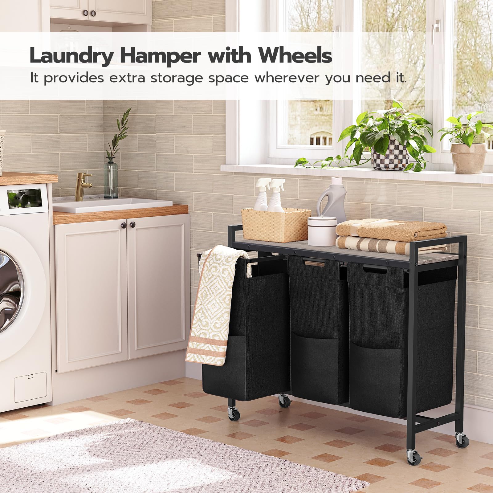 hoobro-panier-linge-3-bacs-noir-43-4-l-roulettes-avec-tag-re image 4
