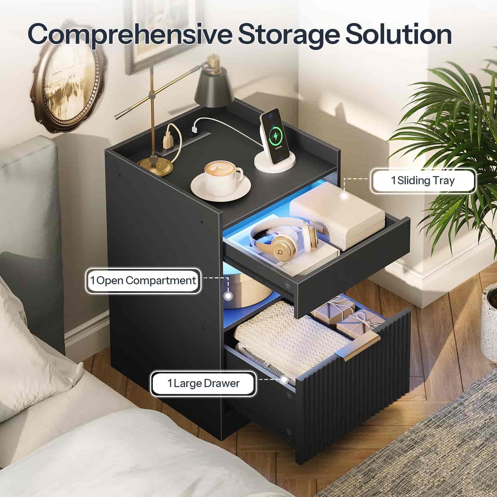 hoobro-nightstands-table-de-chevet-led-noire-avec-chargeur-tiroir image 7
