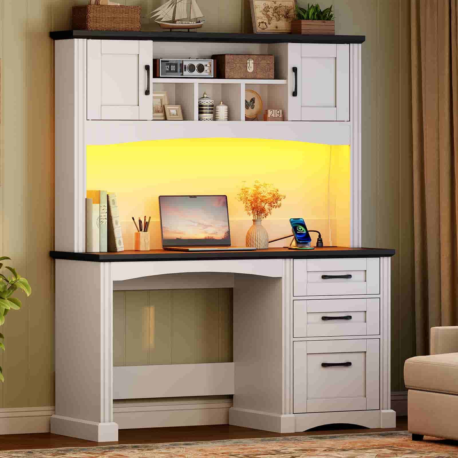 hoobro-bureau-farmhouse-blanc-avec-hutch-led-et-prises image 2