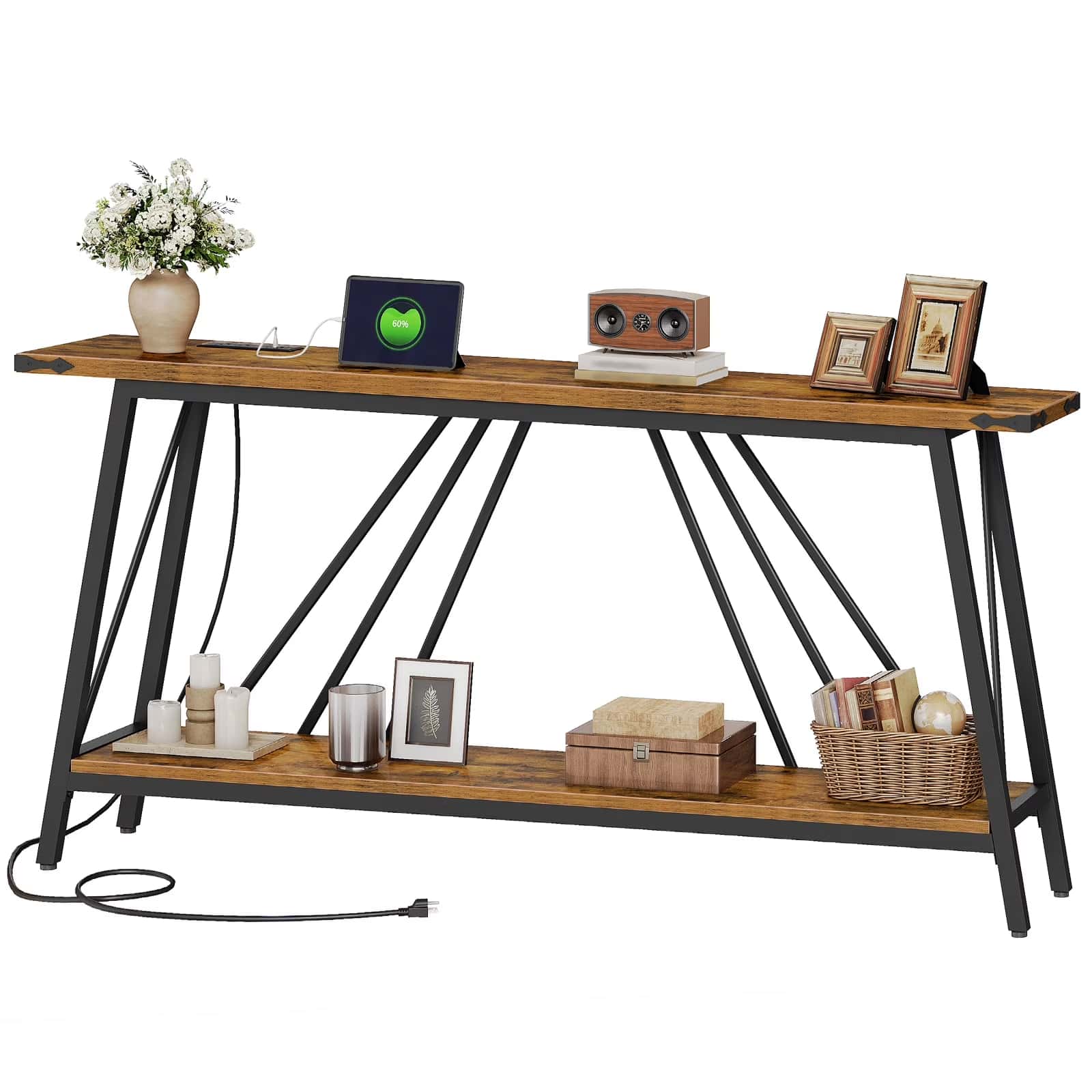 hoobro-console-table-console-entr-e-marron-2-niveaux-usb image 1