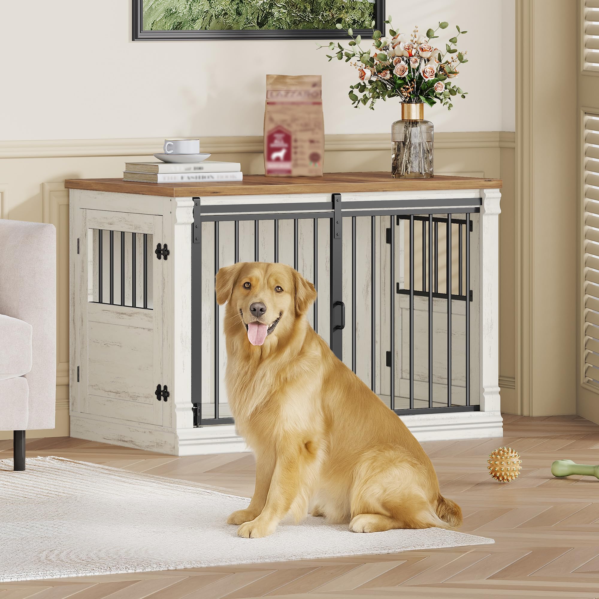 hexcelen-meuble-cage-chien-101-cm-niche-blanc-marron-porte-coulissante image 4
