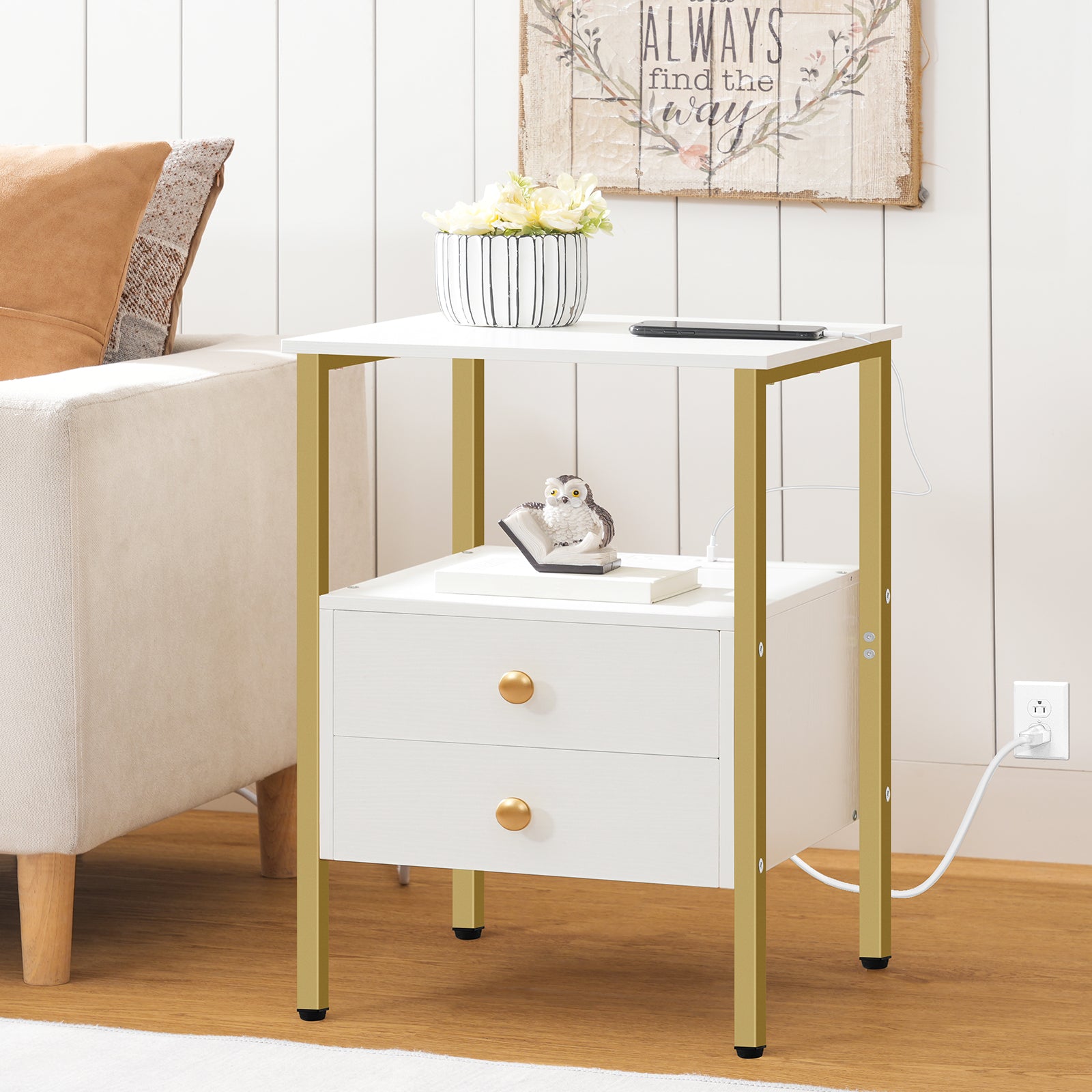 hoobro-table-de-chevet-blanche-2-tiroirs-prise-usb image 2